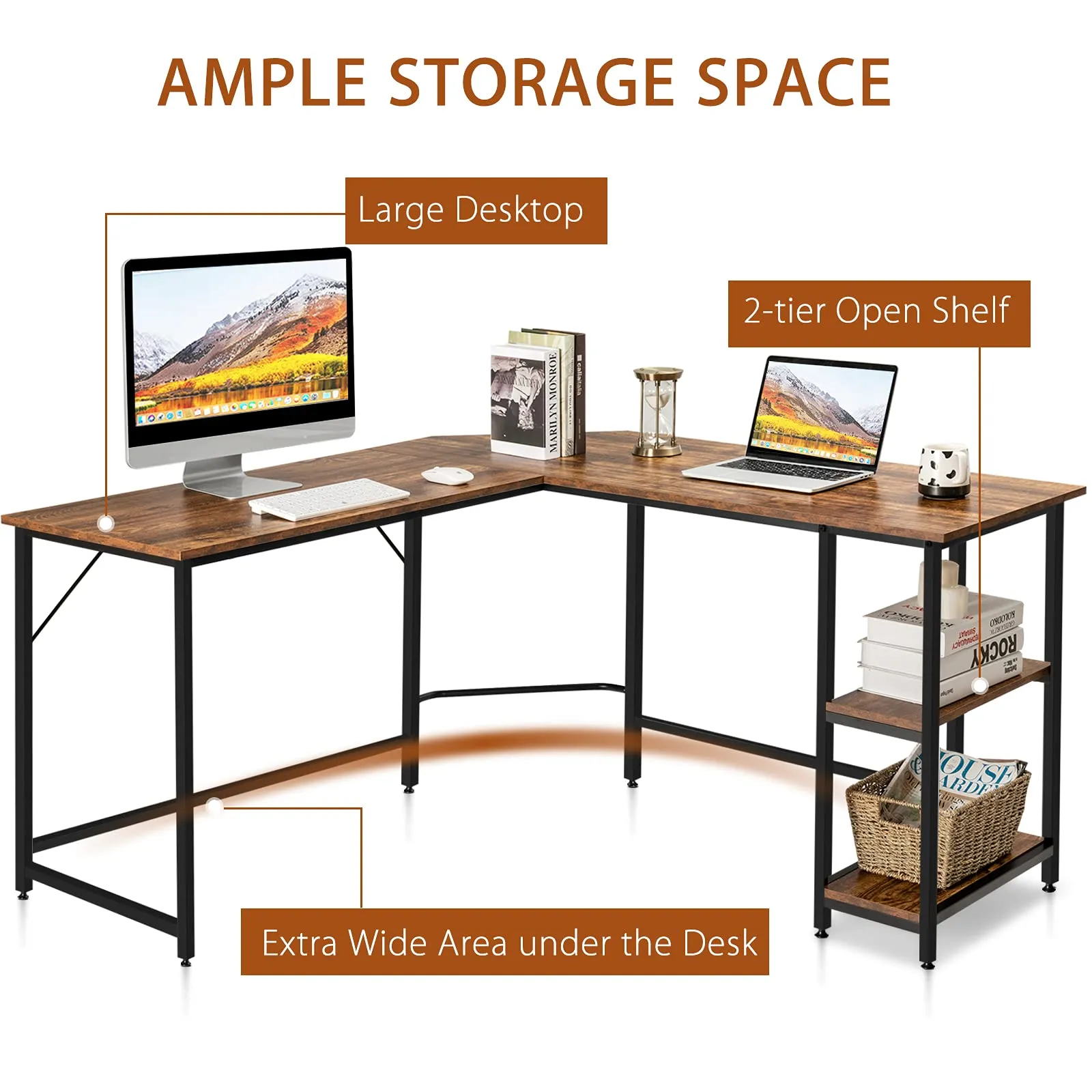 Tangkula Industrial L-Shaped Computer Desk, Space-Saving Corner Desk with Storage Bookshelves