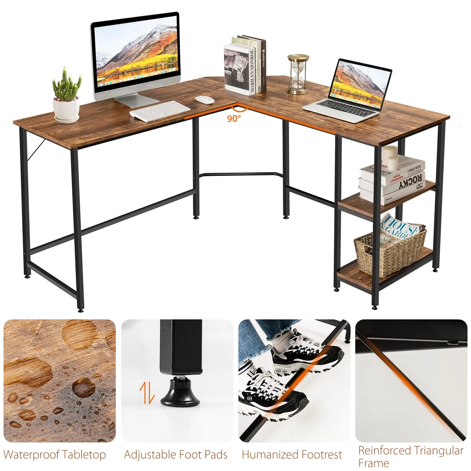 Tangkula Industrial L-Shaped Computer Desk, Space-Saving Corner Desk with Storage Bookshelves