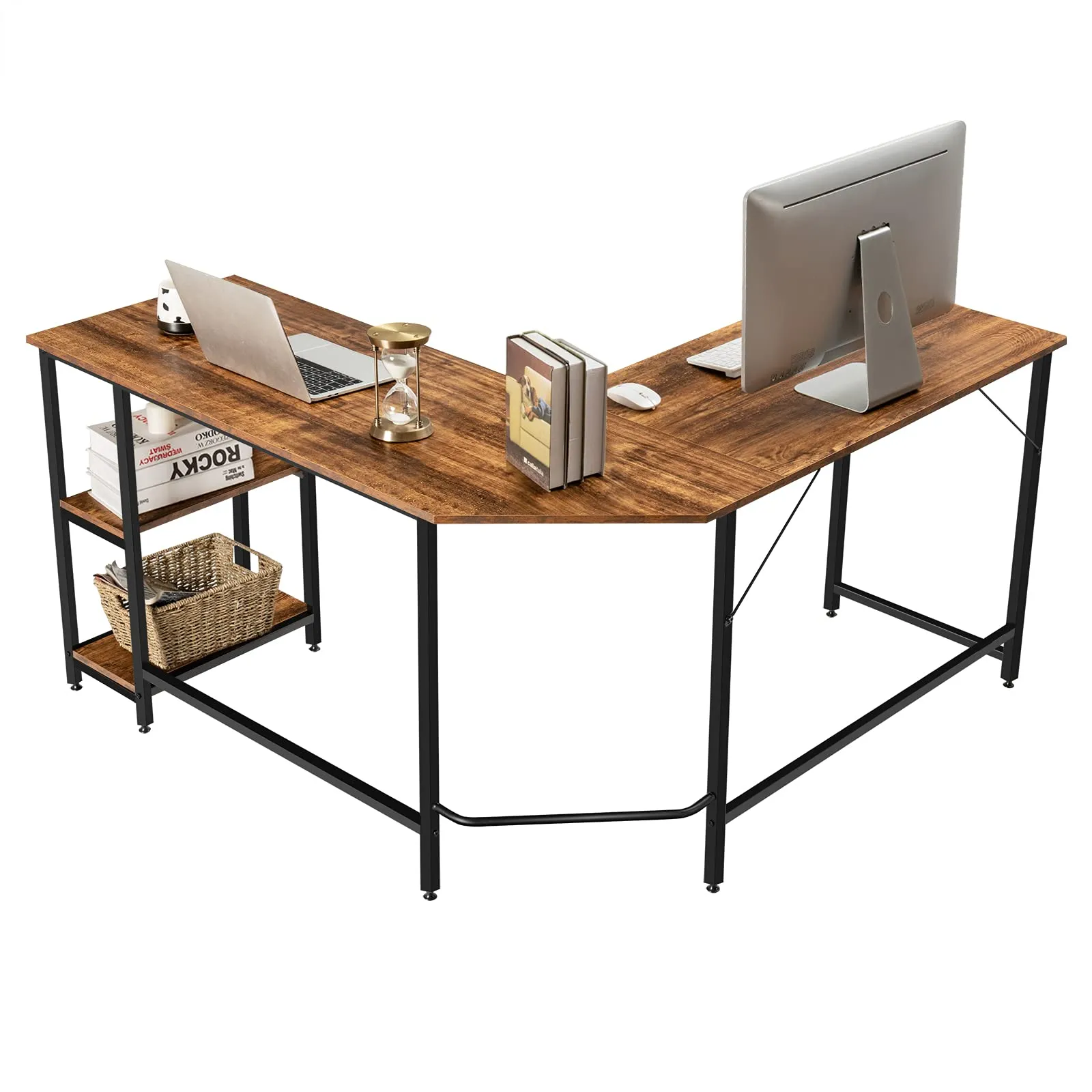 Tangkula Industrial L-Shaped Computer Desk, Space-Saving Corner Desk with Storage Bookshelves