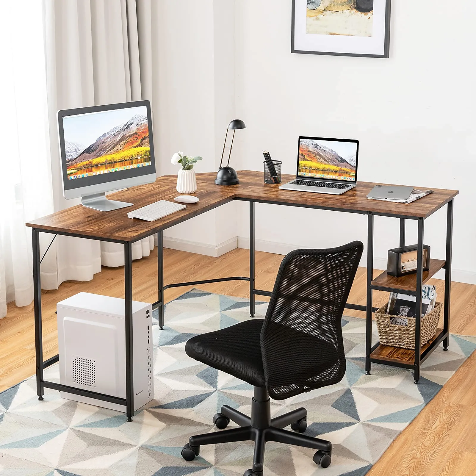 Tangkula Industrial L-Shaped Computer Desk, Space-Saving Corner Desk with Storage Bookshelves