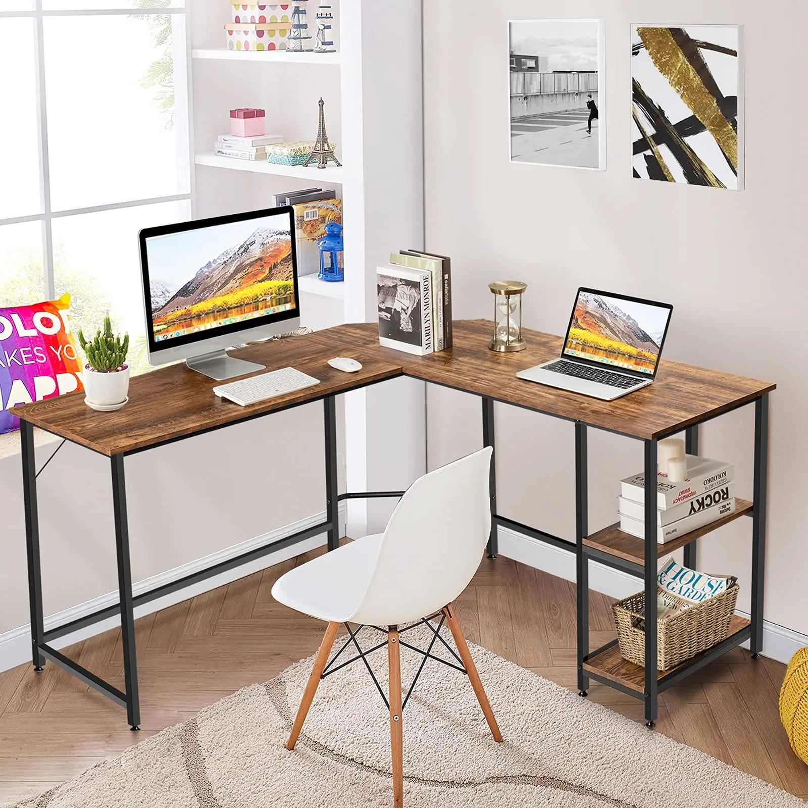 Tangkula Industrial L-Shaped Computer Desk, Space-Saving Corner Desk with Storage Bookshelves