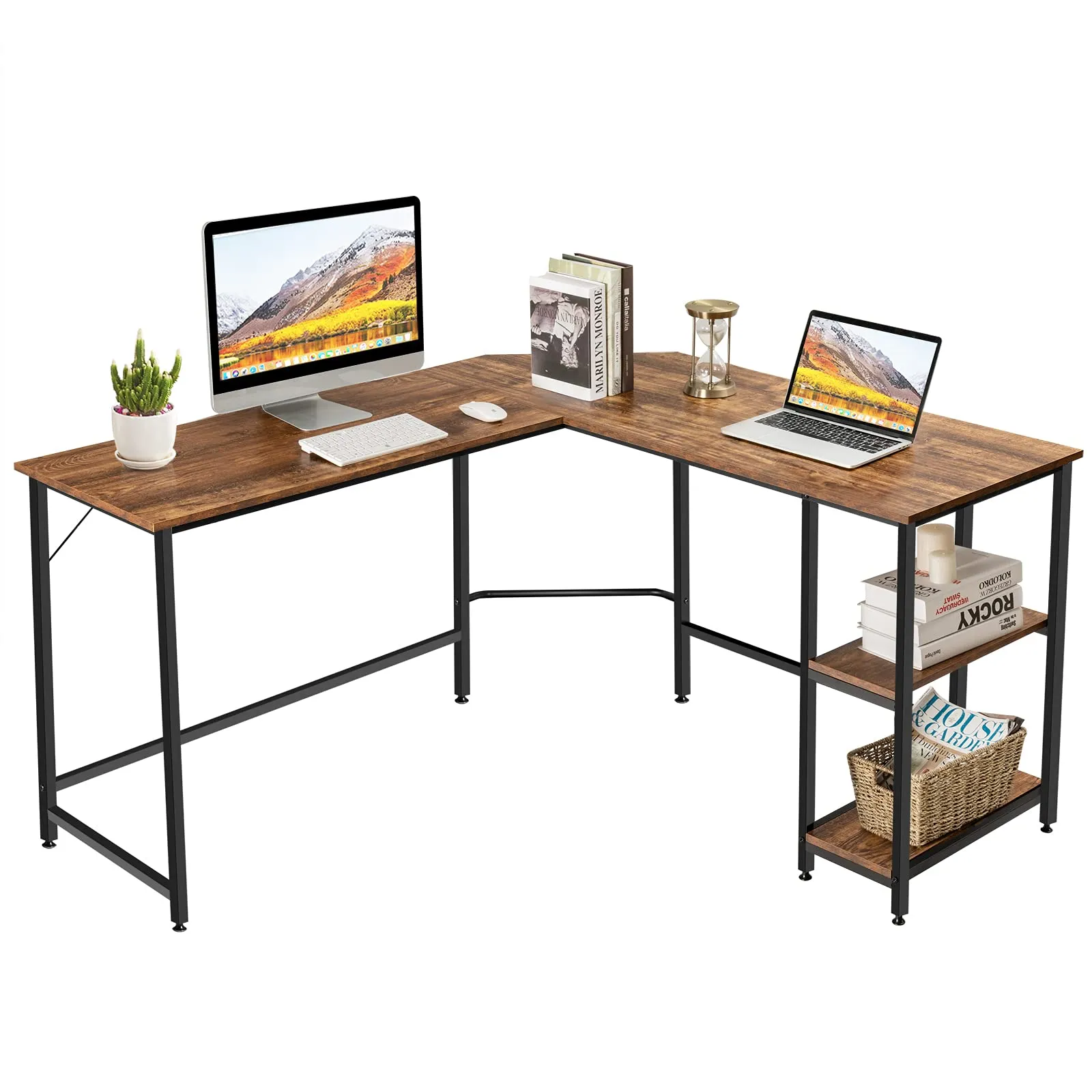 Tangkula Industrial L-Shaped Computer Desk, Space-Saving Corner Desk with Storage Bookshelves