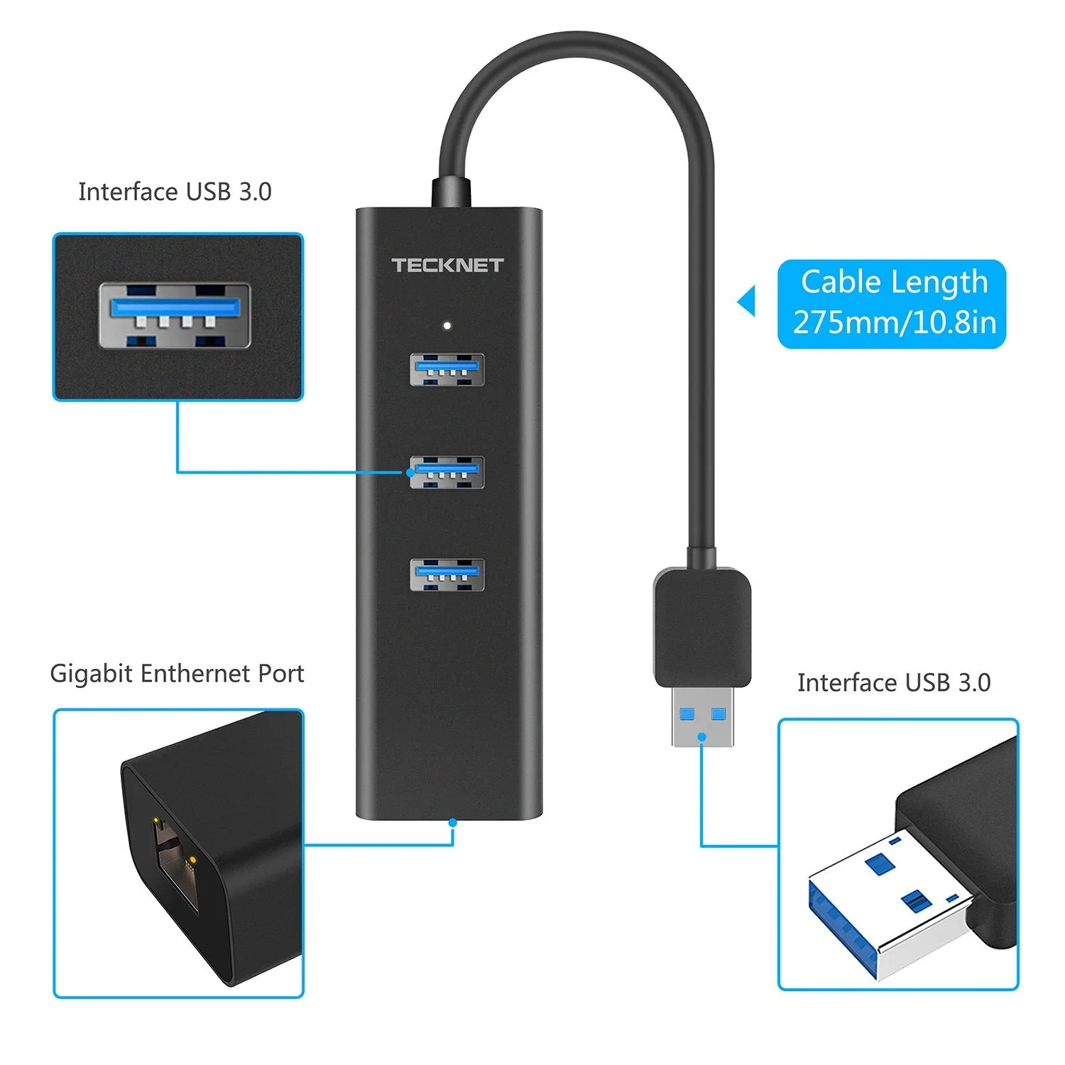 TeckNet Aluminum 3-Port USB 3.0 Hub with RJ45 10/100/1000 Gigabit Ethernet Adapter Converter LAN Wired USB Network Adapter for Ultrabooks, Notebooks,