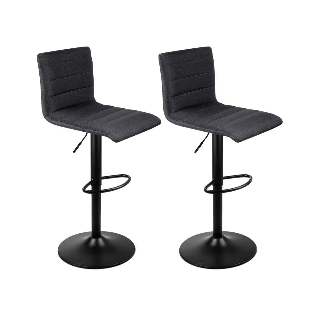 Two Bar Stools Gas Lift Linen Fabric Black