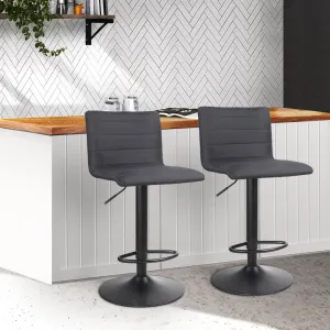 Two Bar Stools Gas Lift Linen Fabric Black