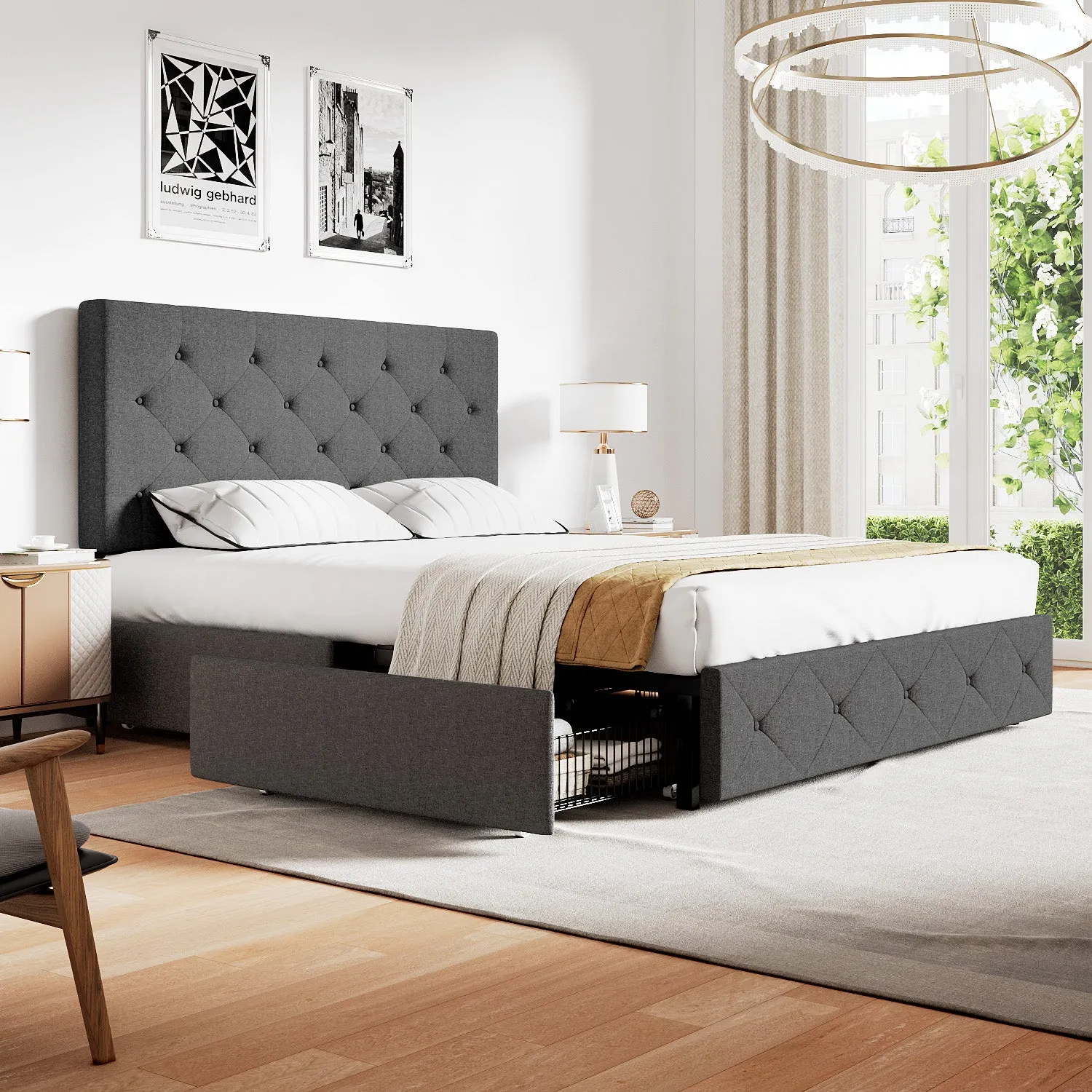 Upholstered Platform Bed Frame with 4 Storage Drawers & Adjustable Fabric Tufted Headboard, Adult