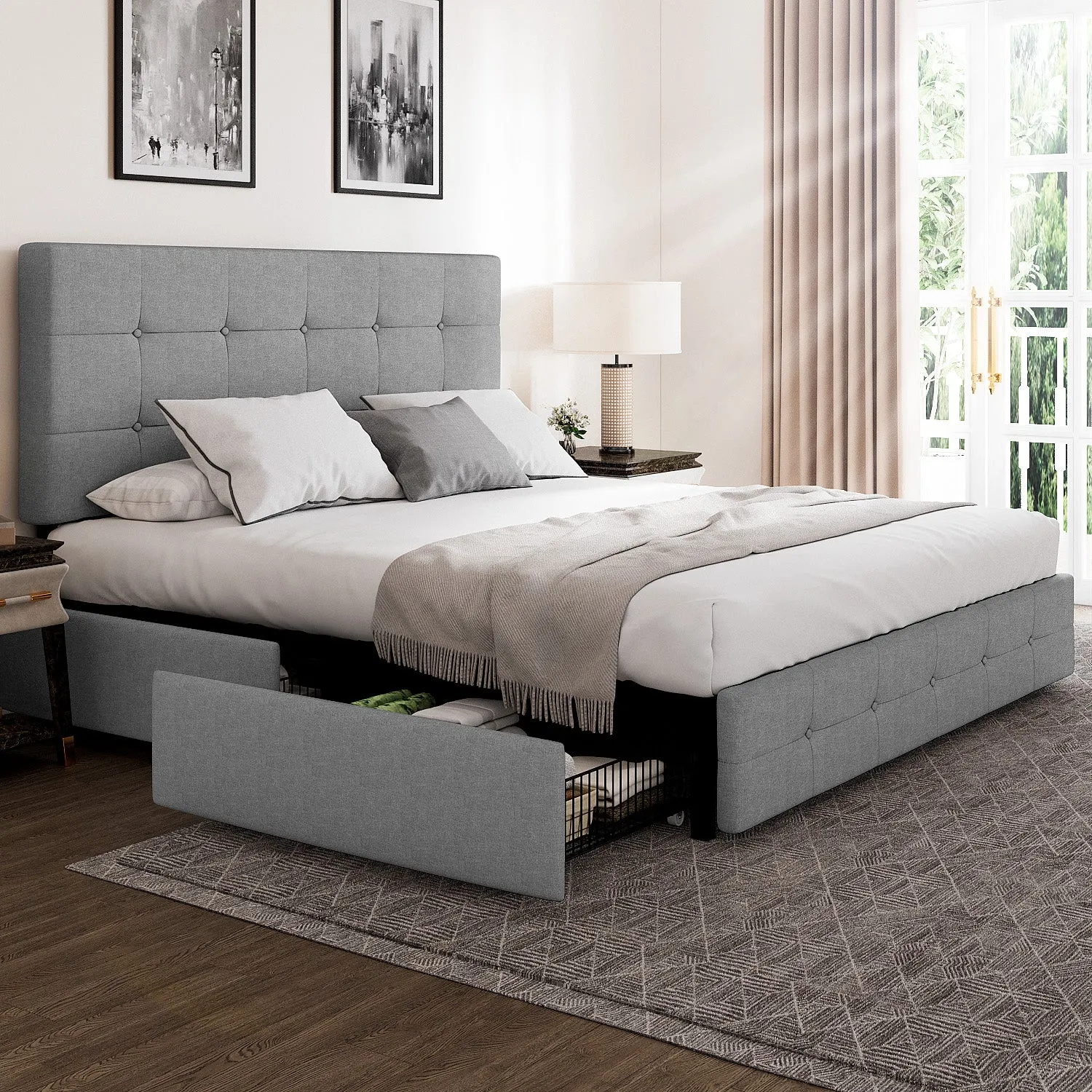 Upholstered Platform Bed Frame with 4 Storage Drawers & Adjustable Fabric Tufted Headboard, Adult