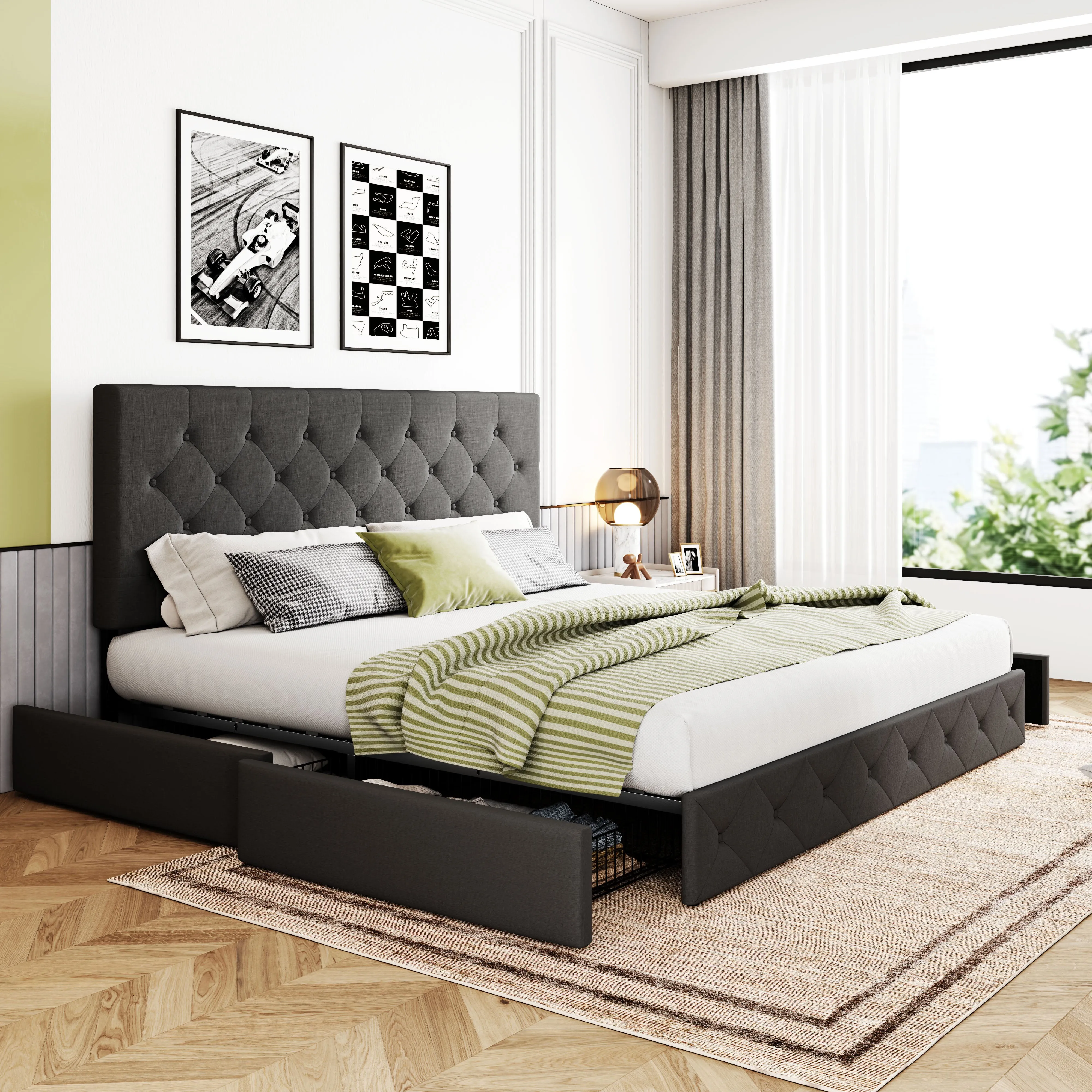 Upholstered Platform Bed Frame with 4 Storage Drawers & Adjustable Fabric Tufted Headboard, Adult