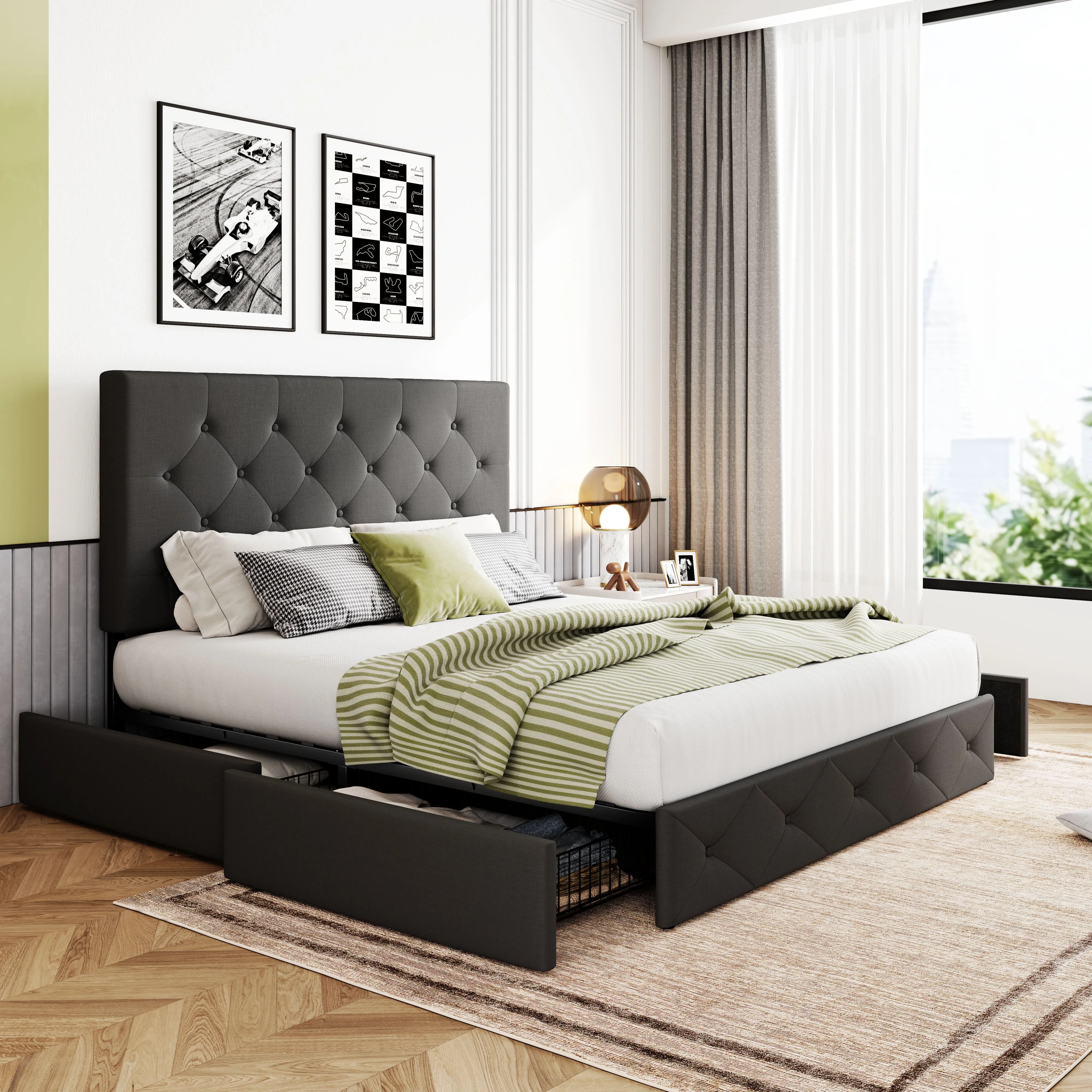 Upholstered Platform Bed Frame with 4 Storage Drawers & Adjustable Fabric Tufted Headboard, Adult