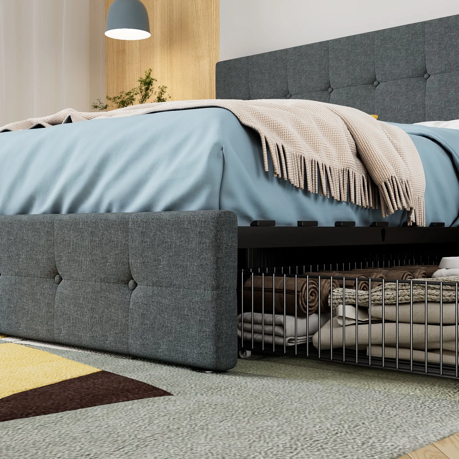 Upholstered Platform Bed Frame with 4 Storage Drawers & Adjustable Fabric Tufted Headboard, Adult