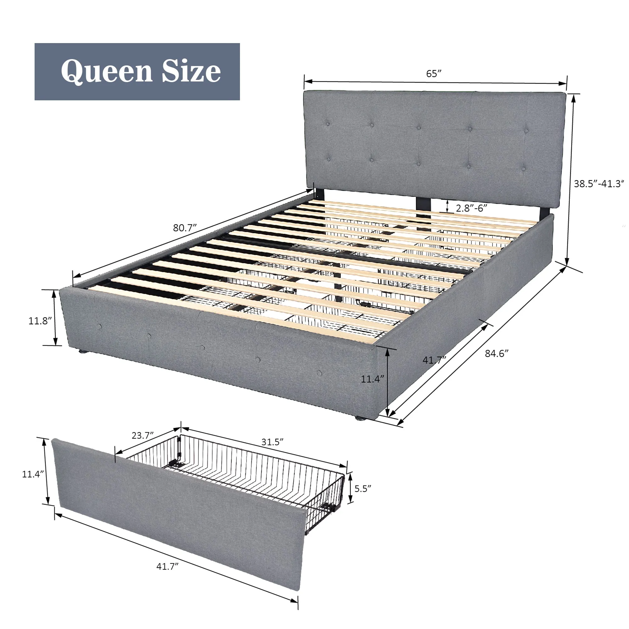 Upholstered Platform Bed Frame with 4 Storage Drawers & Adjustable Fabric Tufted Headboard, Adult