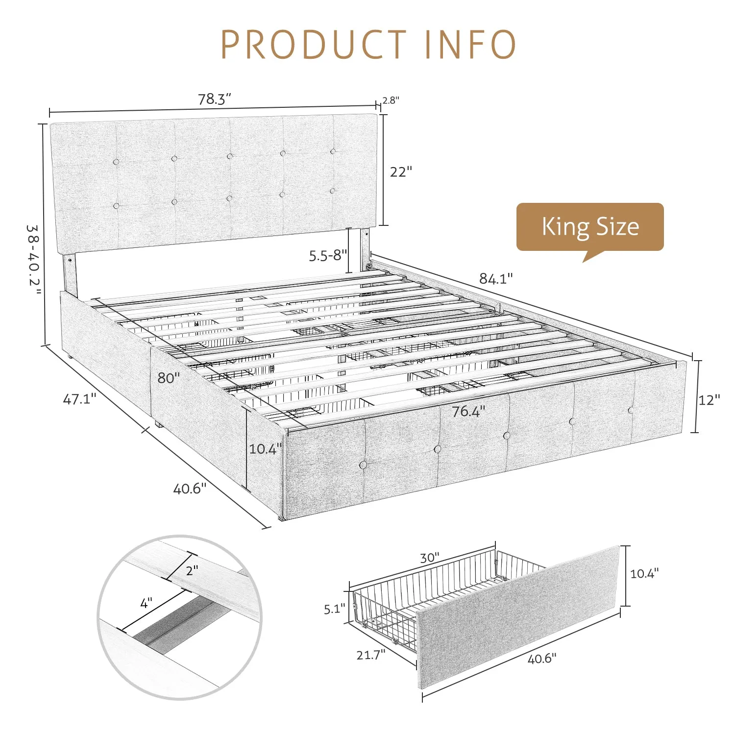 Upholstered Platform Bed Frame with 4 Storage Drawers & Adjustable Fabric Tufted Headboard, Adult