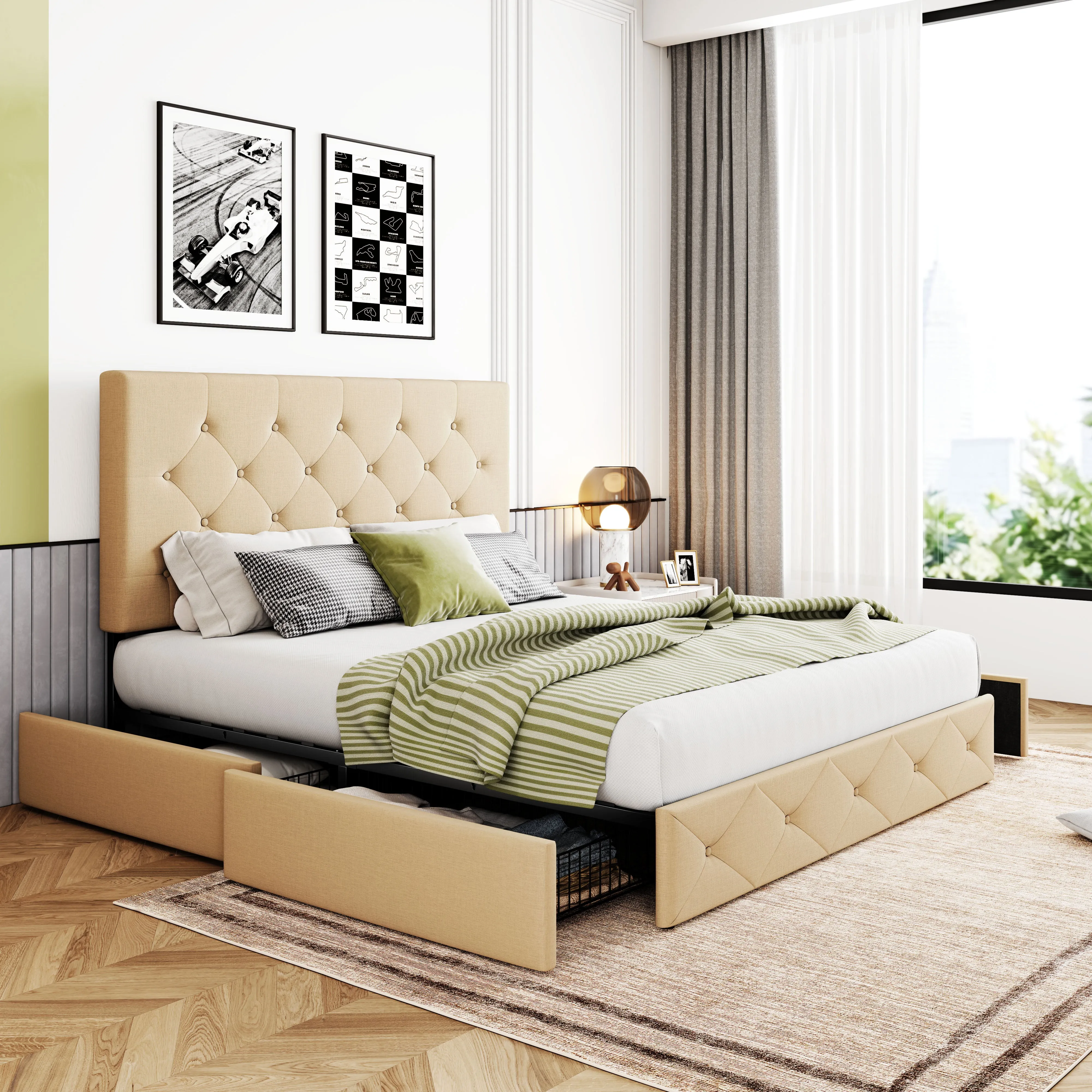 Upholstered Platform Bed Frame with 4 Storage Drawers & Adjustable Fabric Tufted Headboard, Adult