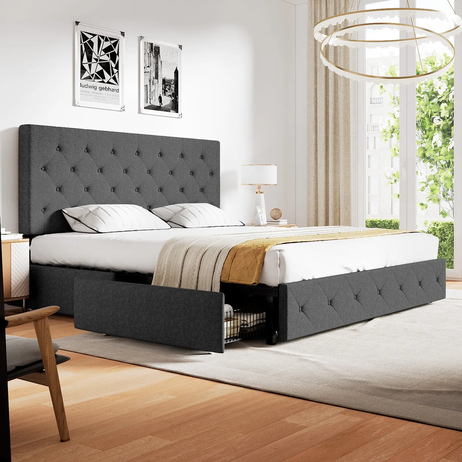 Upholstered Platform Bed Frame with 4 Storage Drawers & Adjustable Fabric Tufted Headboard, Adult