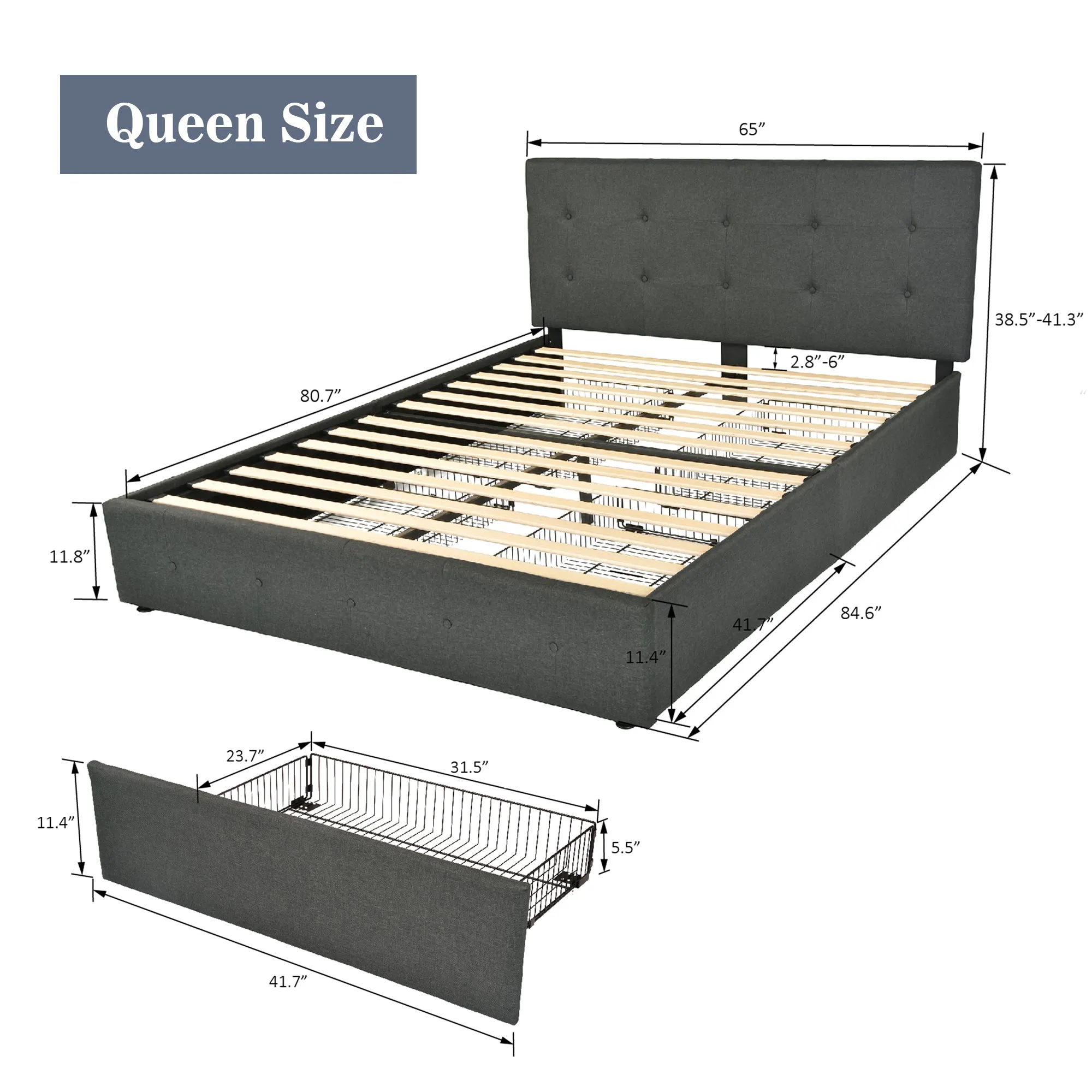 Upholstered Platform Bed Frame with 4 Storage Drawers & Adjustable Fabric Tufted Headboard, Adult