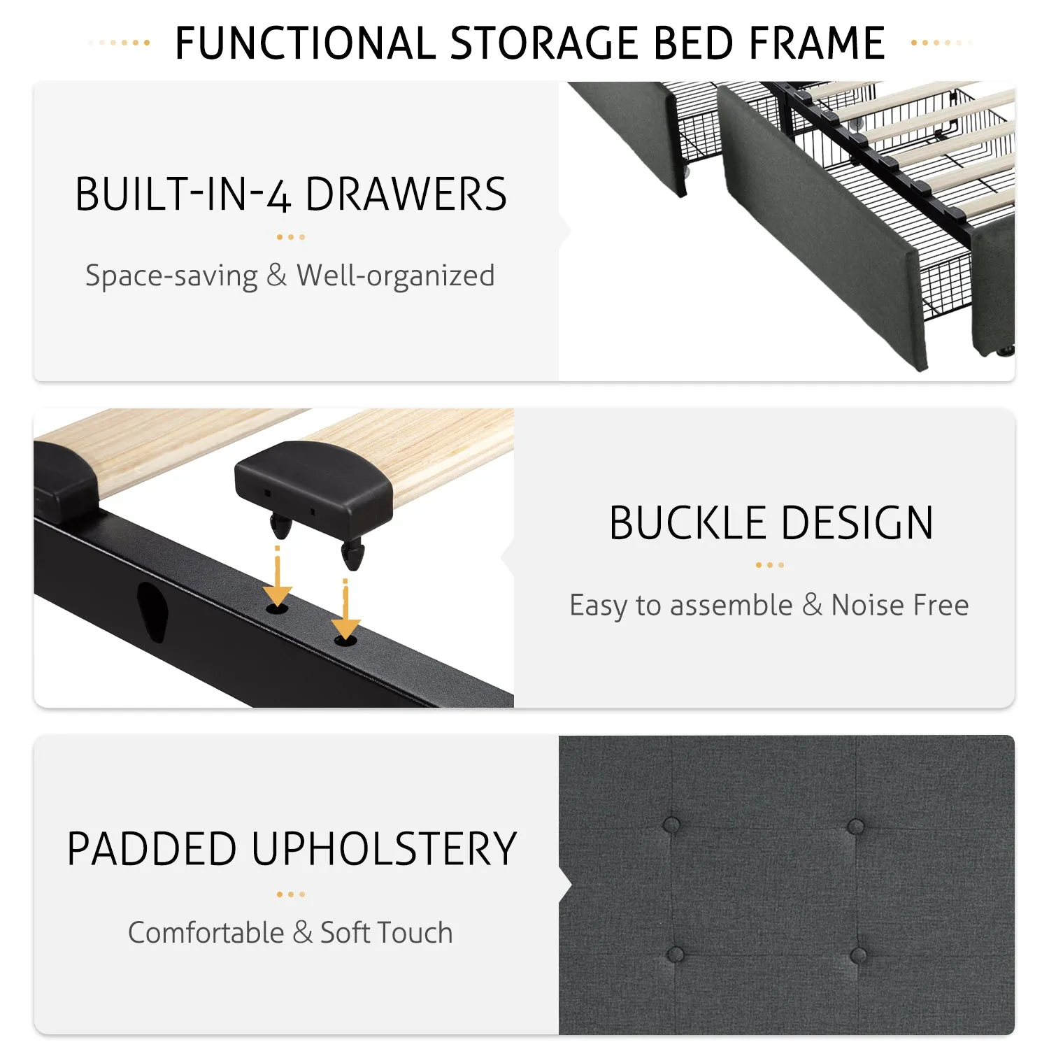 Upholstered Platform Bed Frame with 4 Storage Drawers & Adjustable Fabric Tufted Headboard, Adult