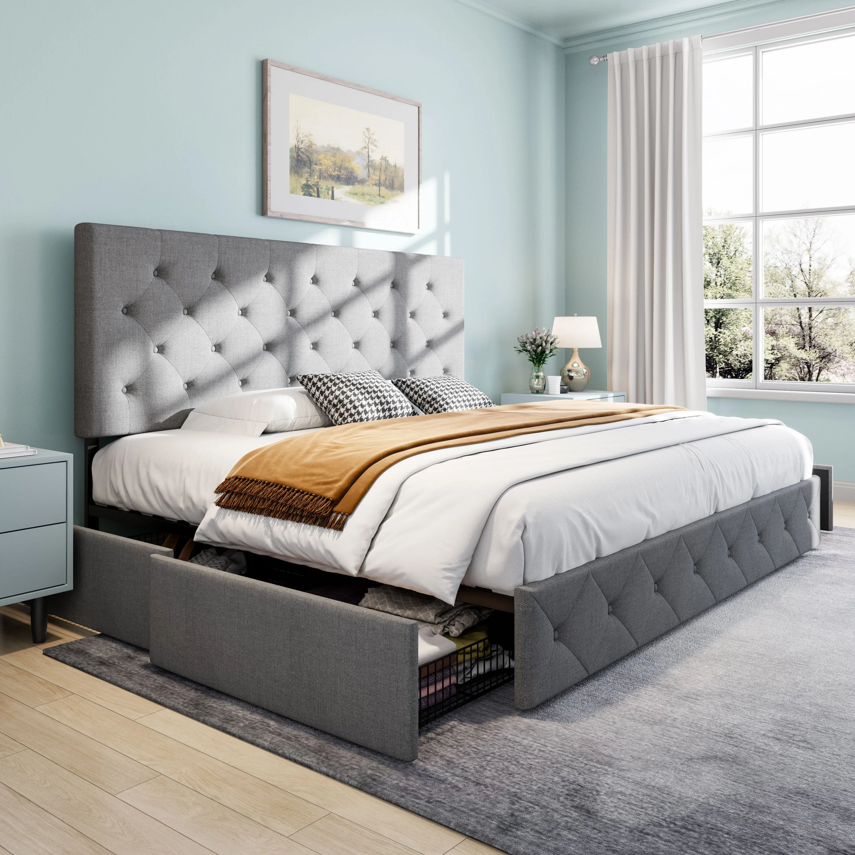 Upholstered Platform Bed Frame with 4 Storage Drawers & Adjustable Fabric Tufted Headboard, Adult