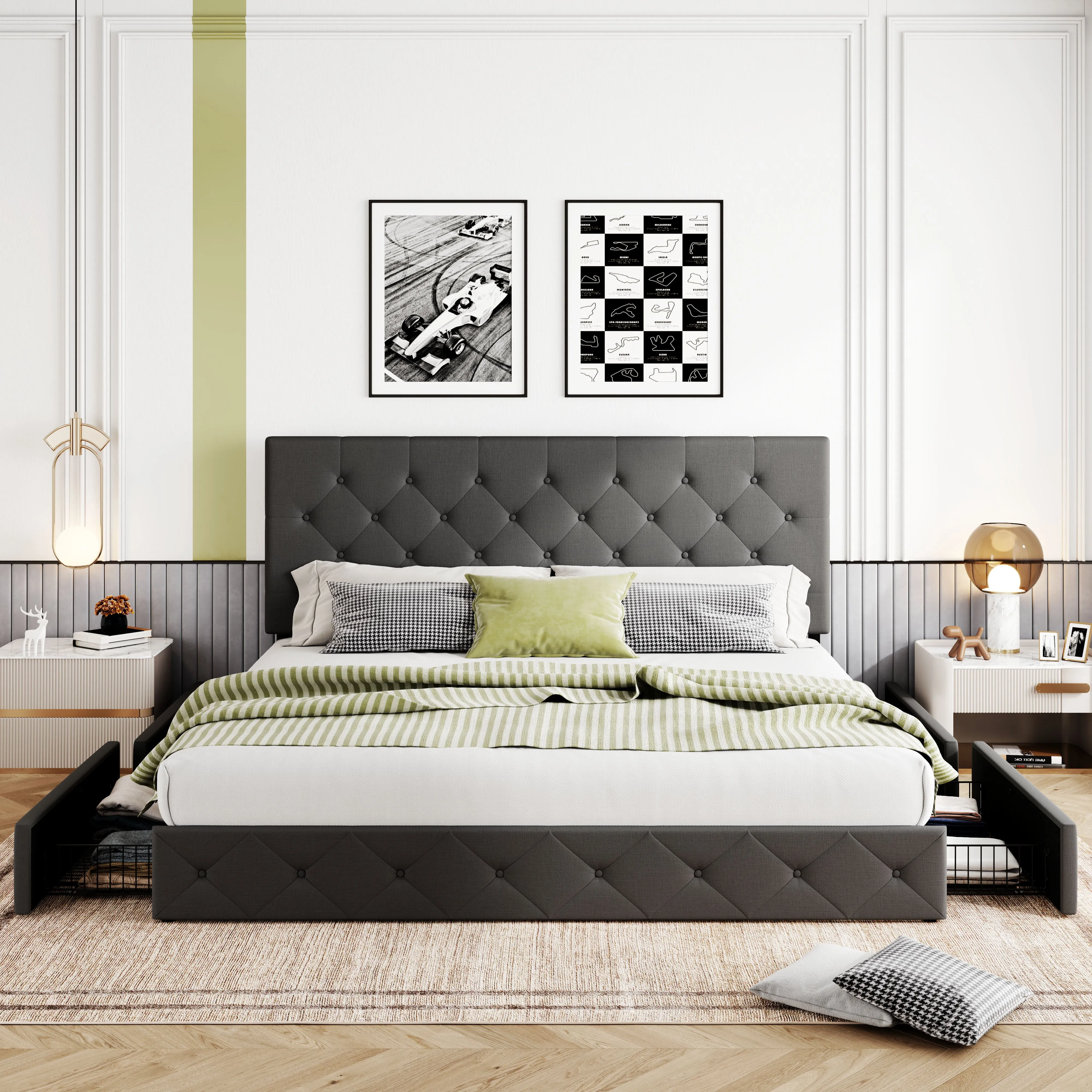 Upholstered Platform Bed Frame with 4 Storage Drawers & Adjustable Fabric Tufted Headboard, Adult