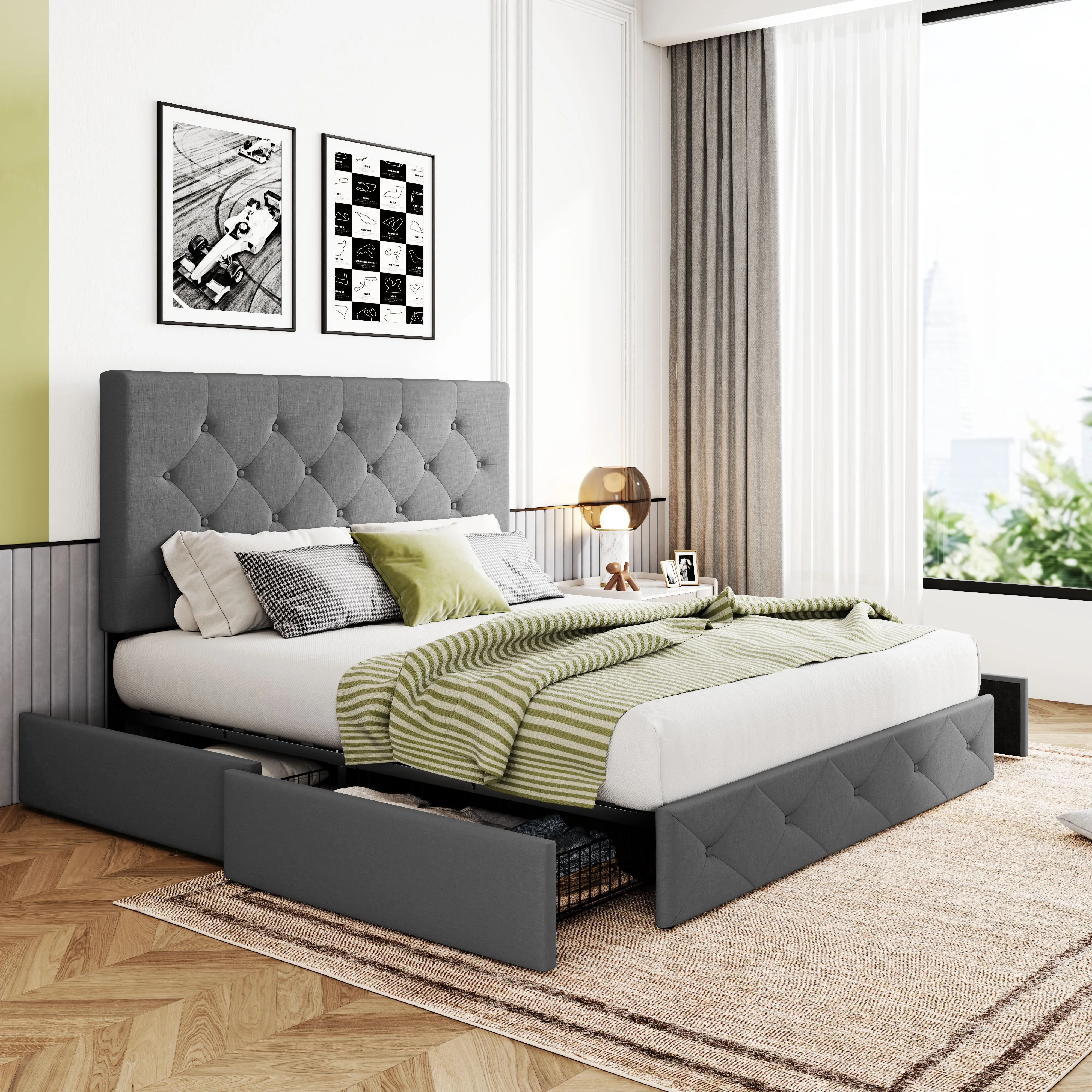 Upholstered Platform Bed Frame with 4 Storage Drawers & Adjustable Fabric Tufted Headboard, Adult