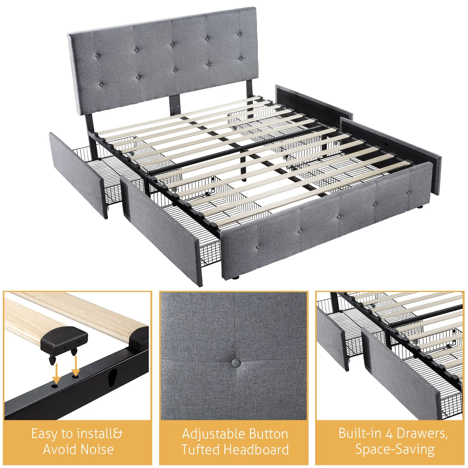 Upholstered Platform Bed Frame with 4 Storage Drawers & Adjustable Fabric Tufted Headboard, Adult