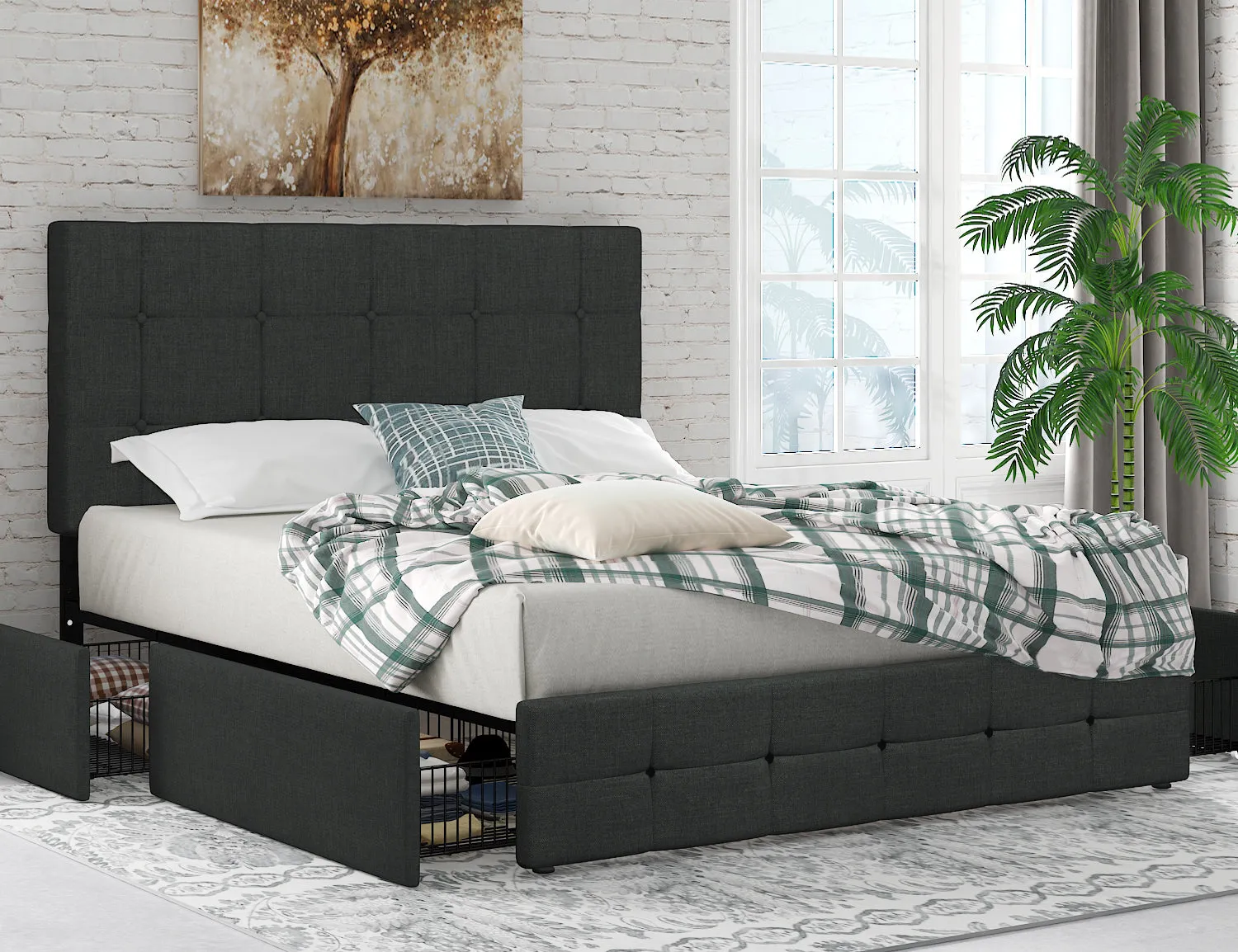 Upholstered Platform Bed Frame with 4 Storage Drawers & Adjustable Fabric Tufted Headboard, Adult