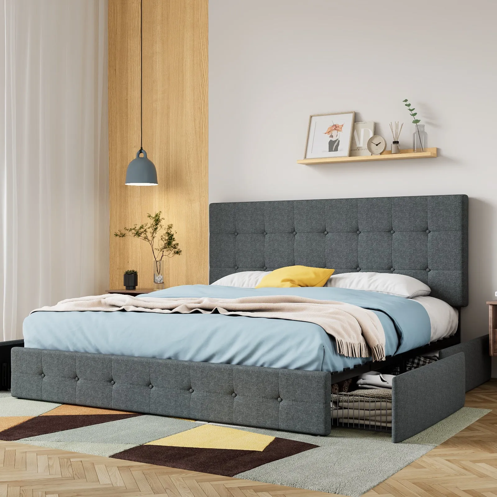 Upholstered Platform Bed Frame with 4 Storage Drawers & Adjustable Fabric Tufted Headboard, Adult