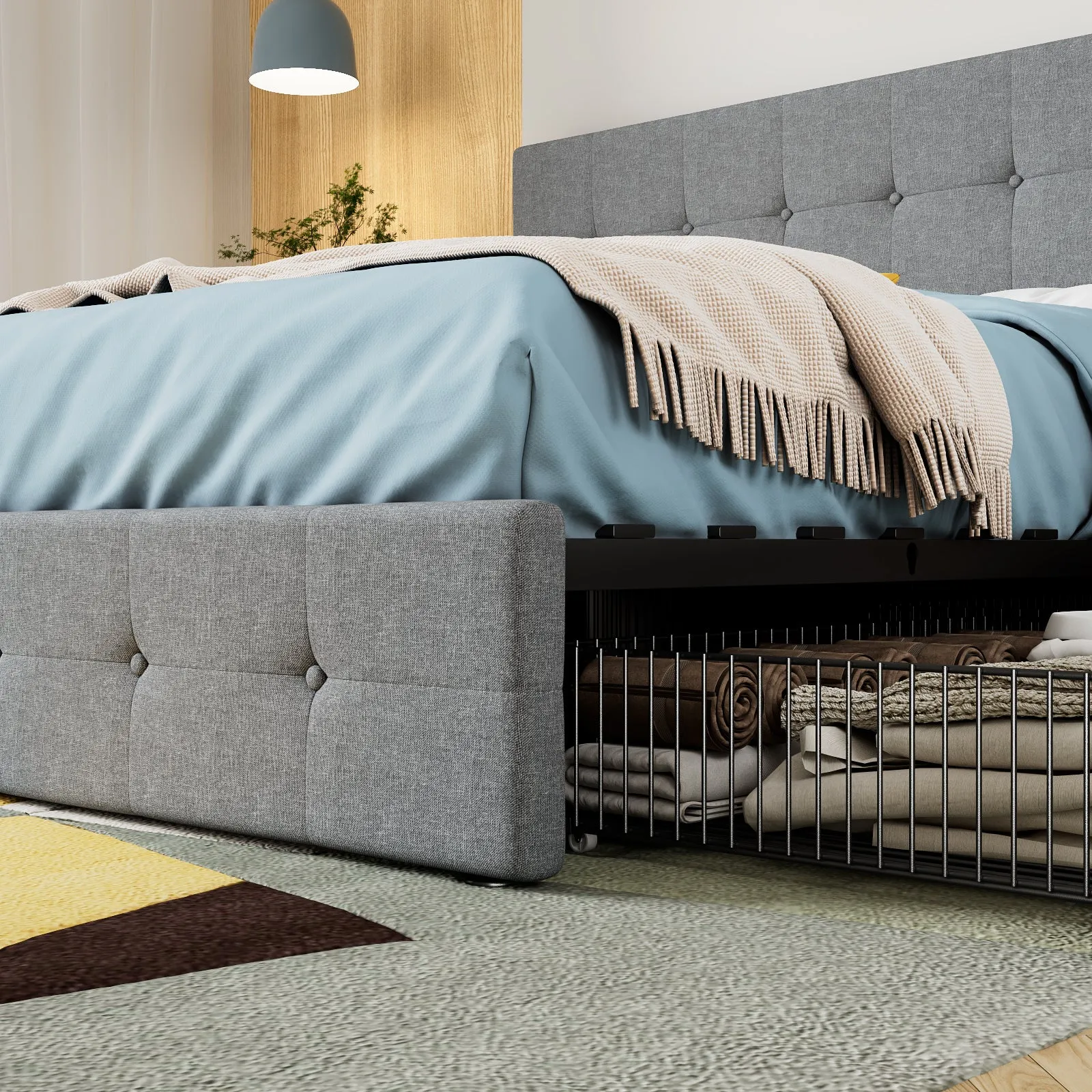 Upholstered Platform Bed Frame with 4 Storage Drawers & Adjustable Fabric Tufted Headboard, Adult