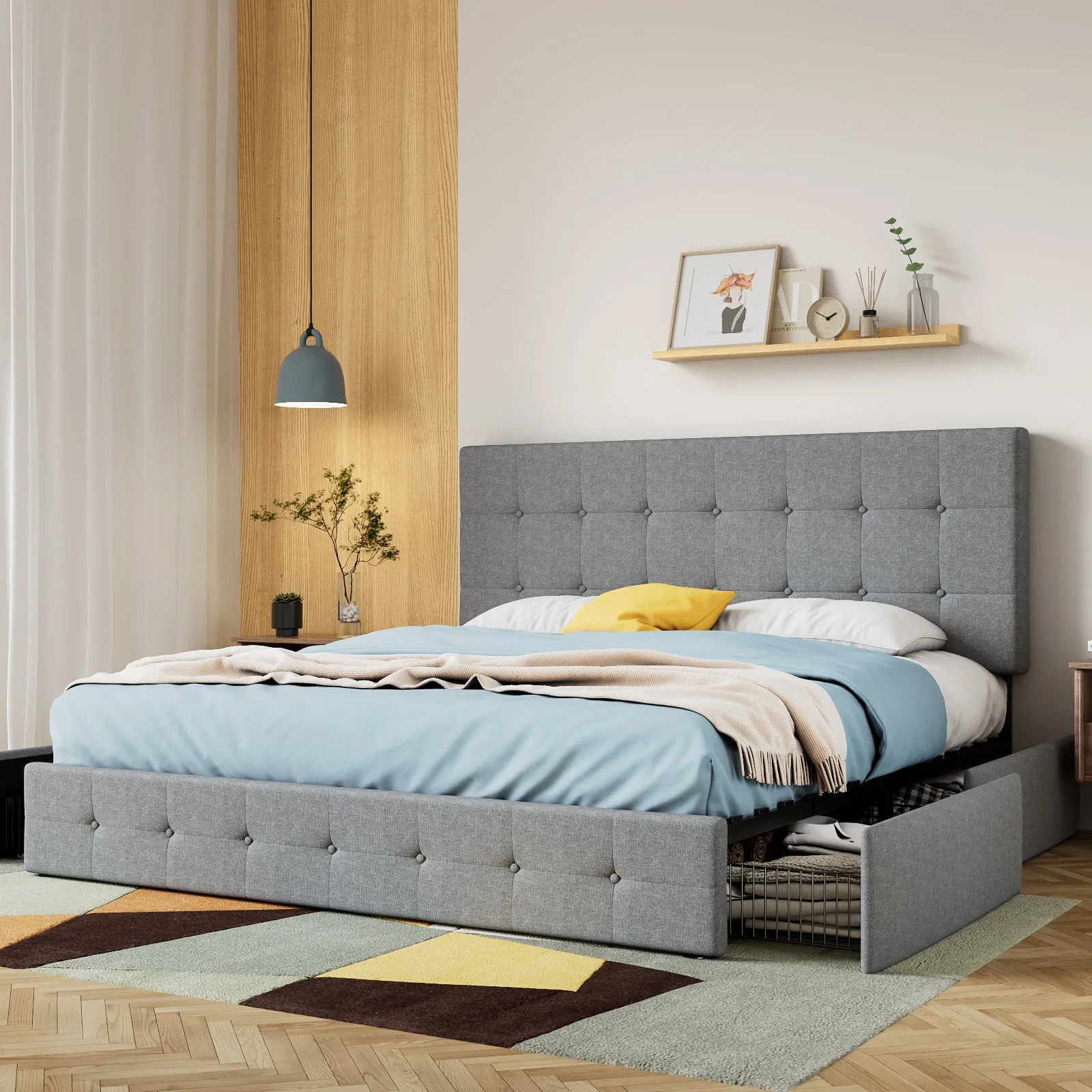 Upholstered Platform Bed Frame with 4 Storage Drawers & Adjustable Fabric Tufted Headboard, Adult