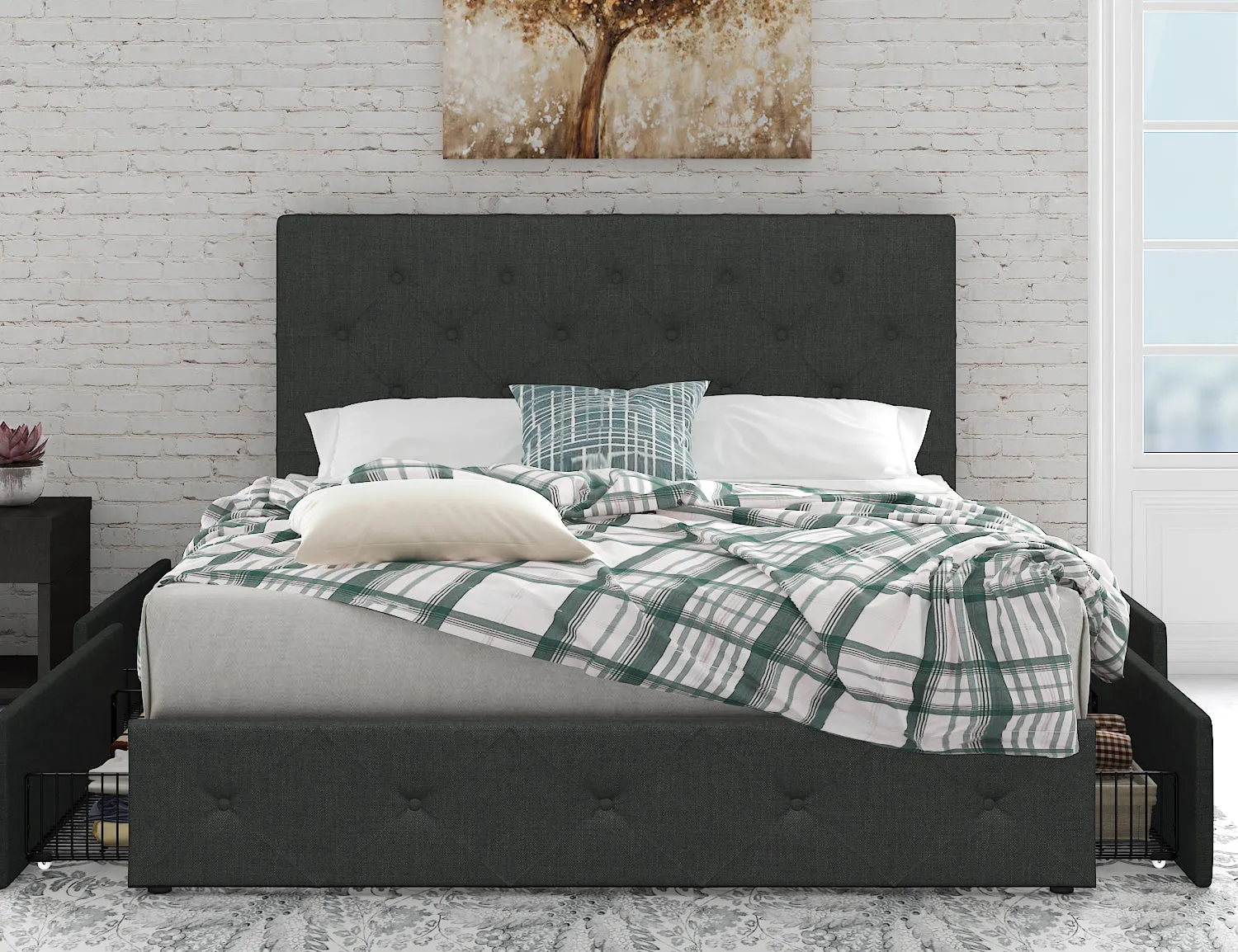 Upholstered Platform Bed Frame with 4 Storage Drawers & Adjustable Fabric Tufted Headboard, Adult