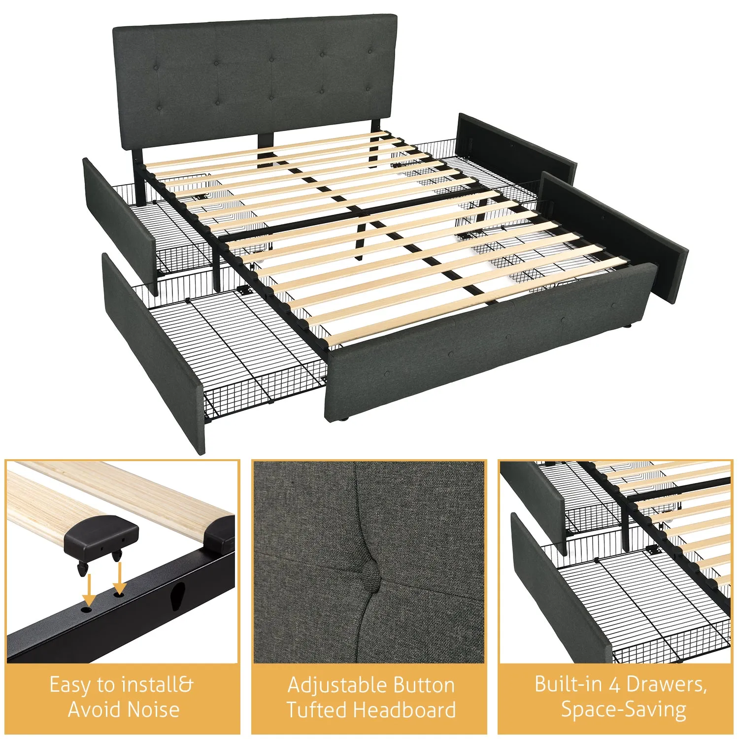 Upholstered Platform Bed Frame with 4 Storage Drawers & Adjustable Fabric Tufted Headboard, Adult