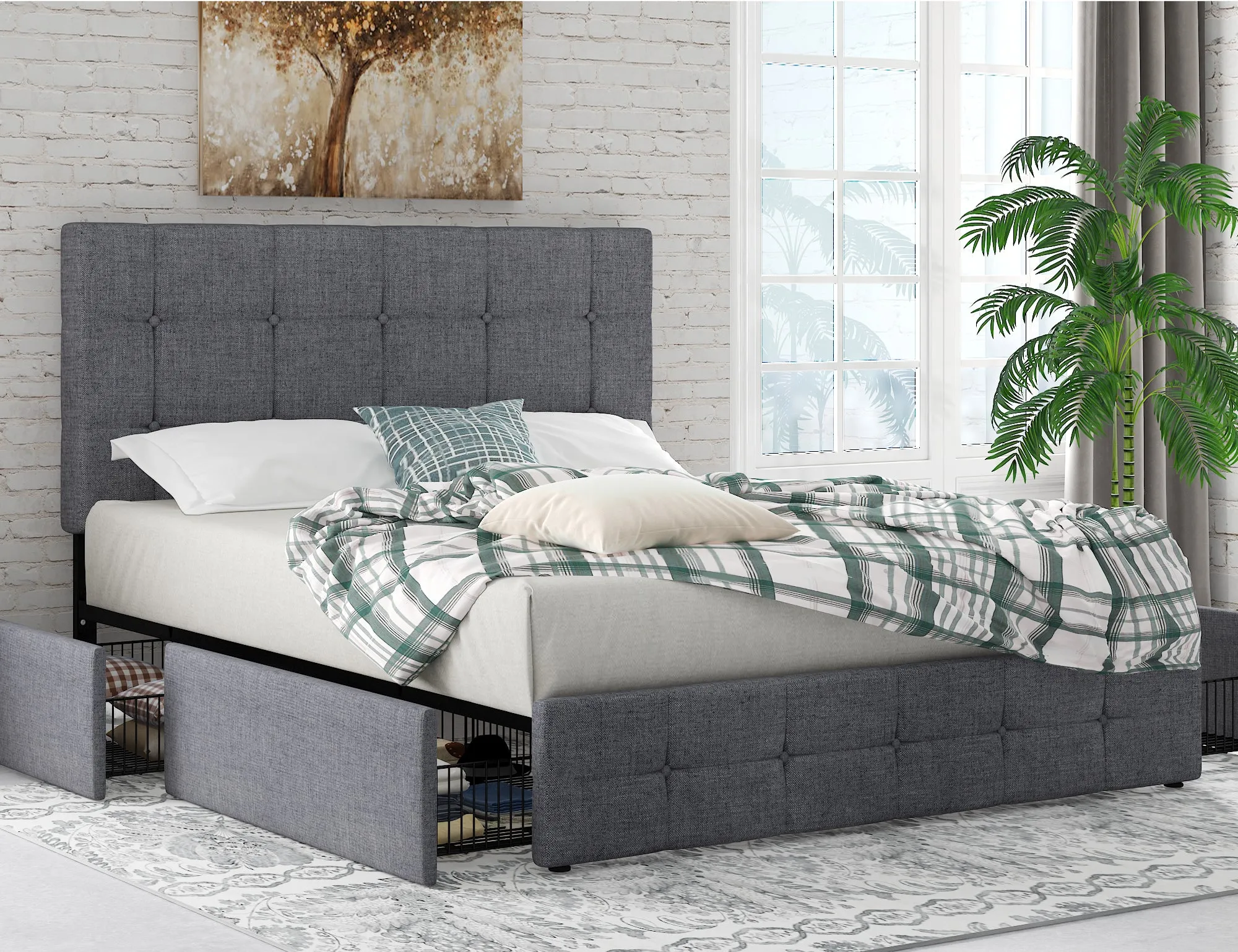 Upholstered Platform Bed Frame with 4 Storage Drawers & Adjustable Fabric Tufted Headboard, Adult