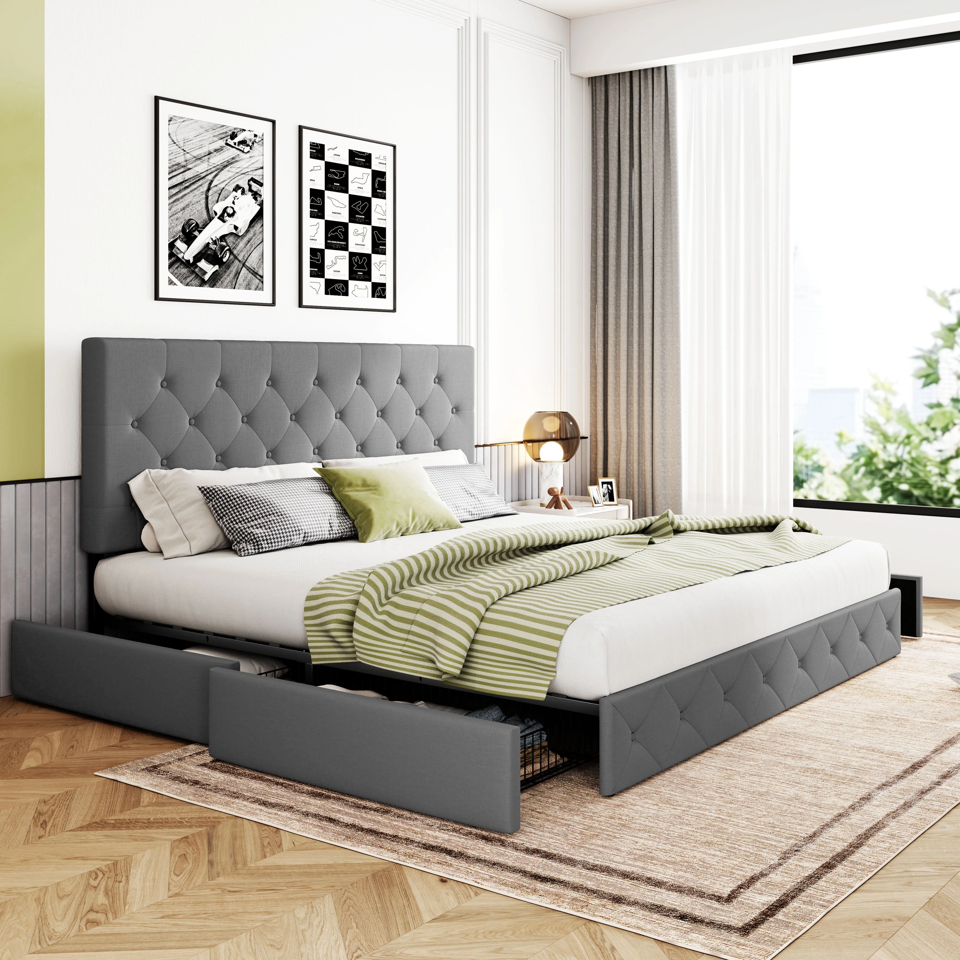 Upholstered Platform Bed Frame with 4 Storage Drawers & Adjustable Fabric Tufted Headboard, Adult