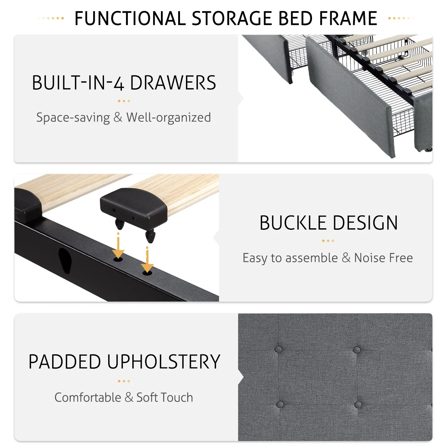 Upholstered Platform Bed Frame with 4 Storage Drawers & Adjustable Fabric Tufted Headboard, Adult