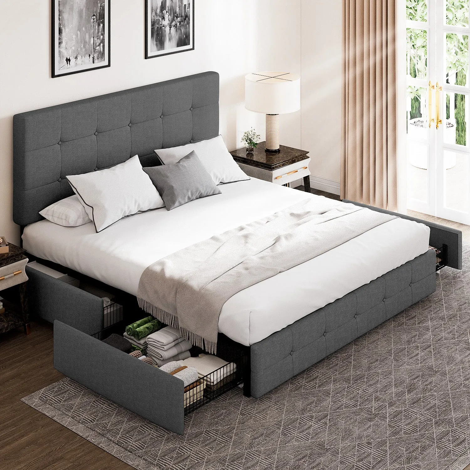 Upholstered Platform Bed Frame with 4 Storage Drawers & Adjustable Fabric Tufted Headboard, Adult