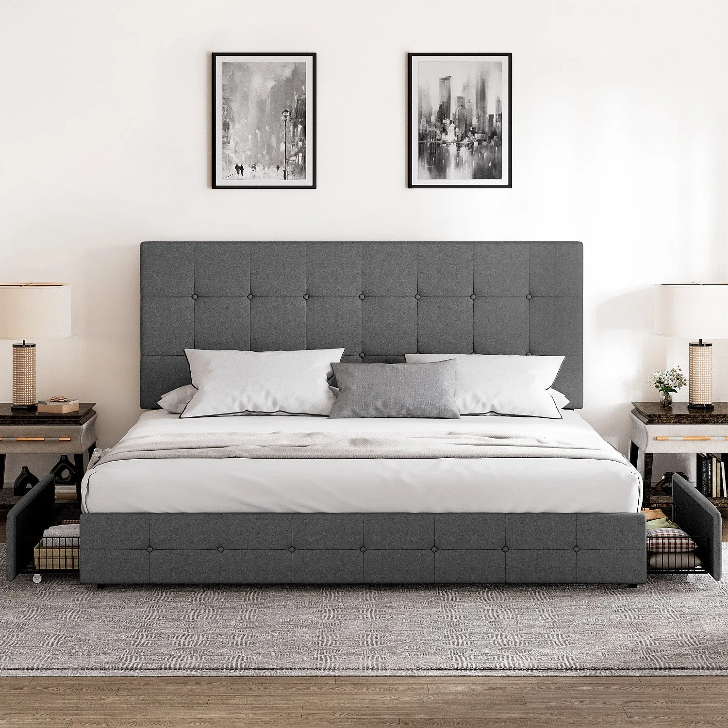 Upholstered Platform Bed Frame with 4 Storage Drawers & Adjustable Fabric Tufted Headboard, Adult