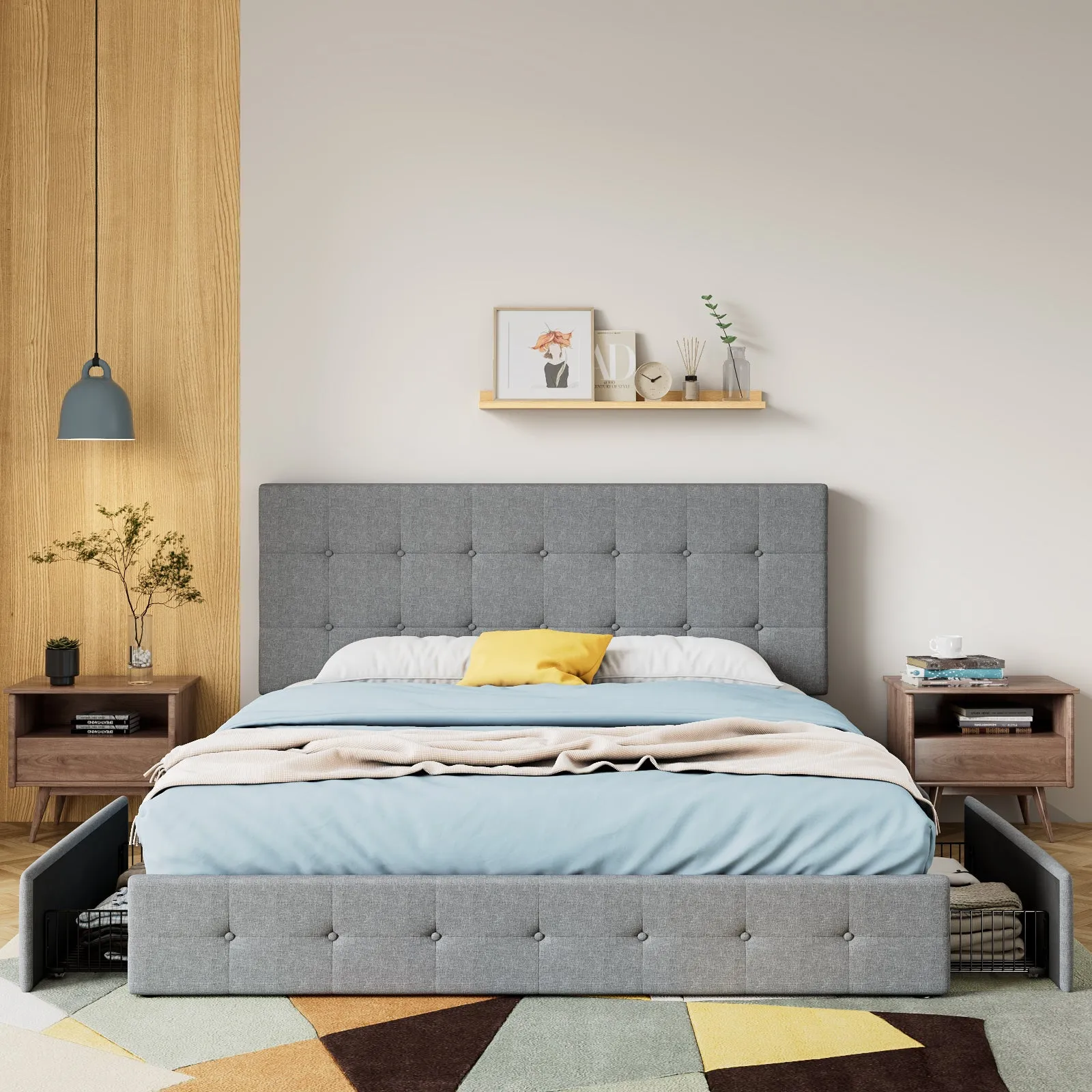 Upholstered Platform Bed Frame with 4 Storage Drawers & Adjustable Fabric Tufted Headboard, Adult