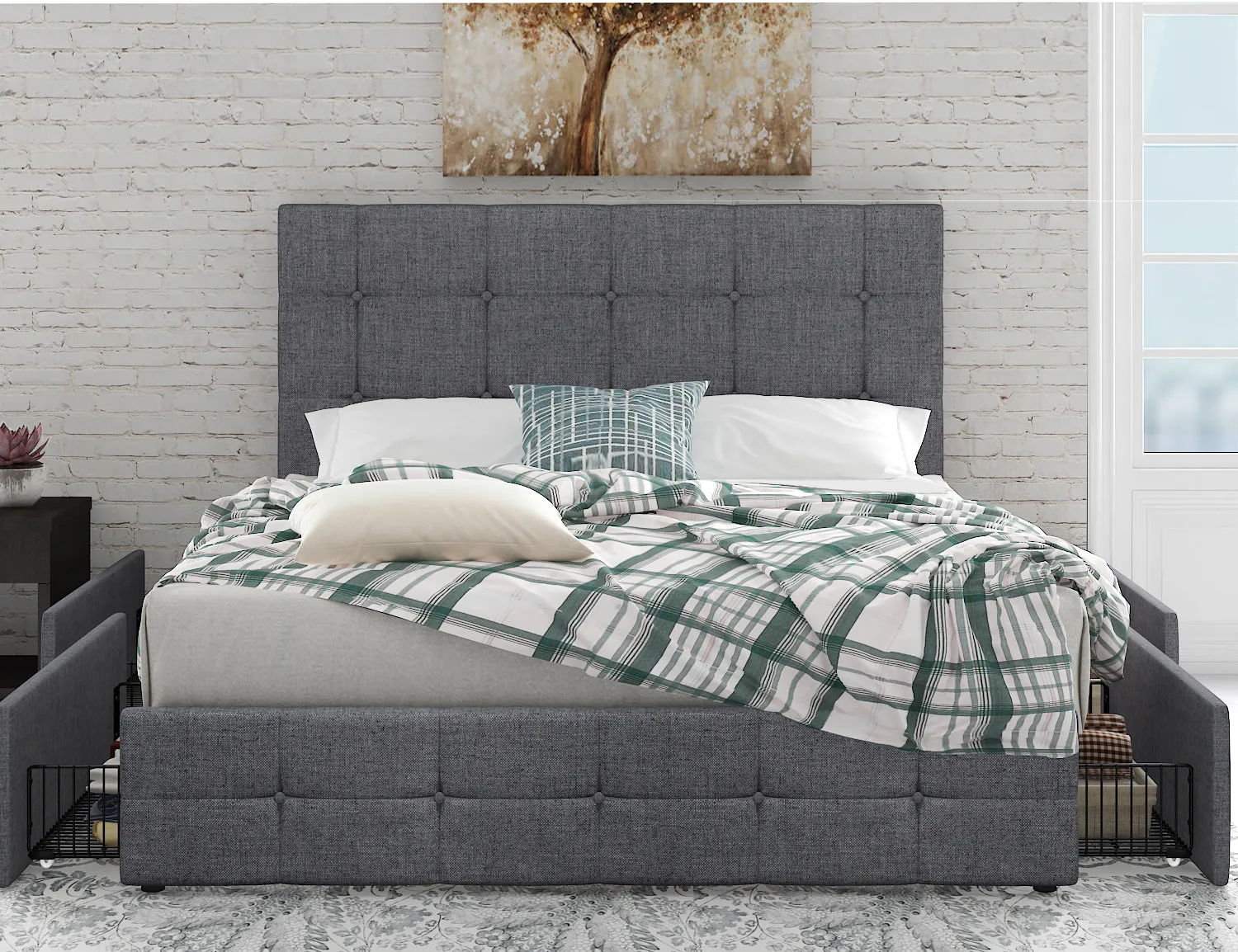 Upholstered Platform Bed Frame with 4 Storage Drawers & Adjustable Fabric Tufted Headboard, Adult