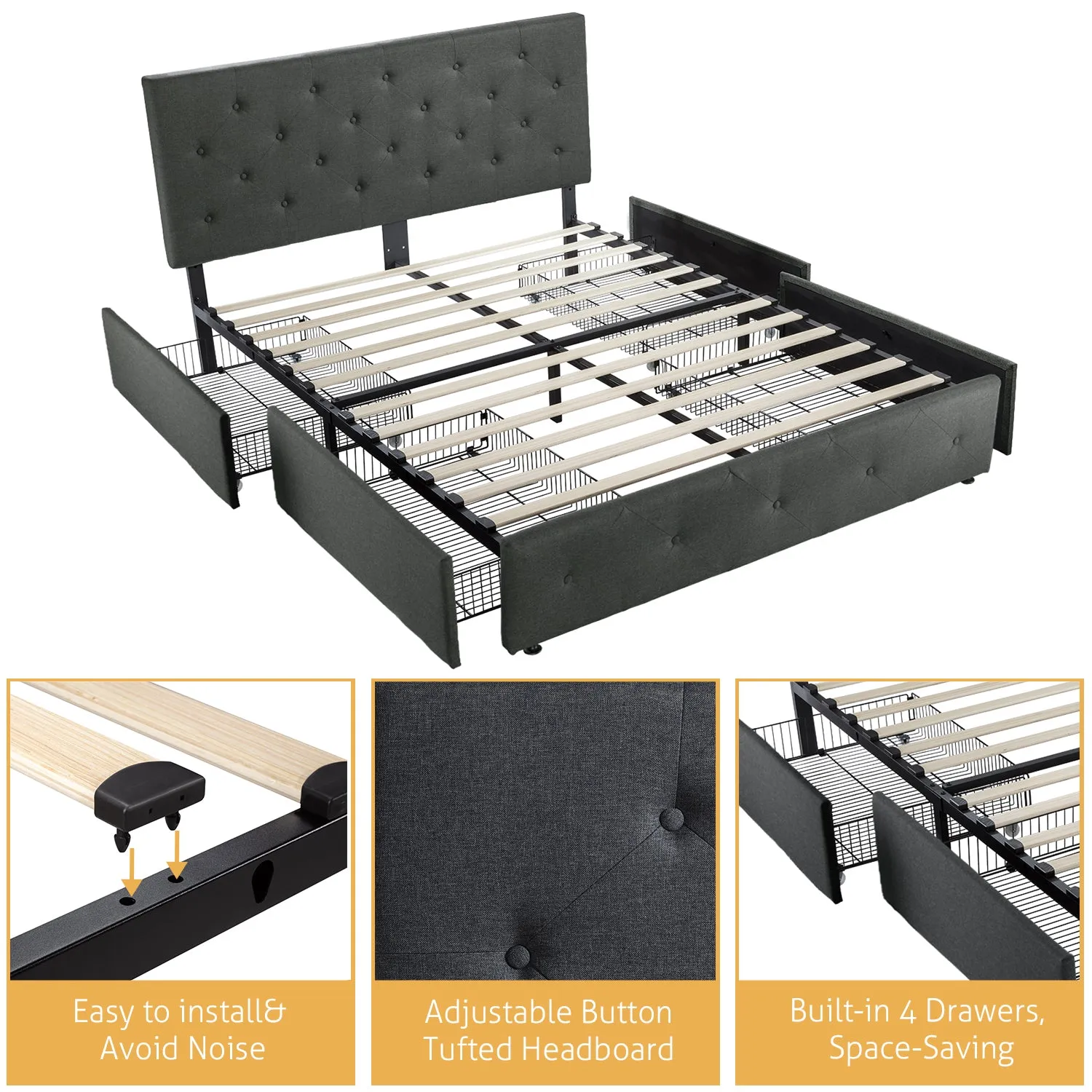 Upholstered Platform Bed Frame with 4 Storage Drawers & Adjustable Fabric Tufted Headboard, Adult