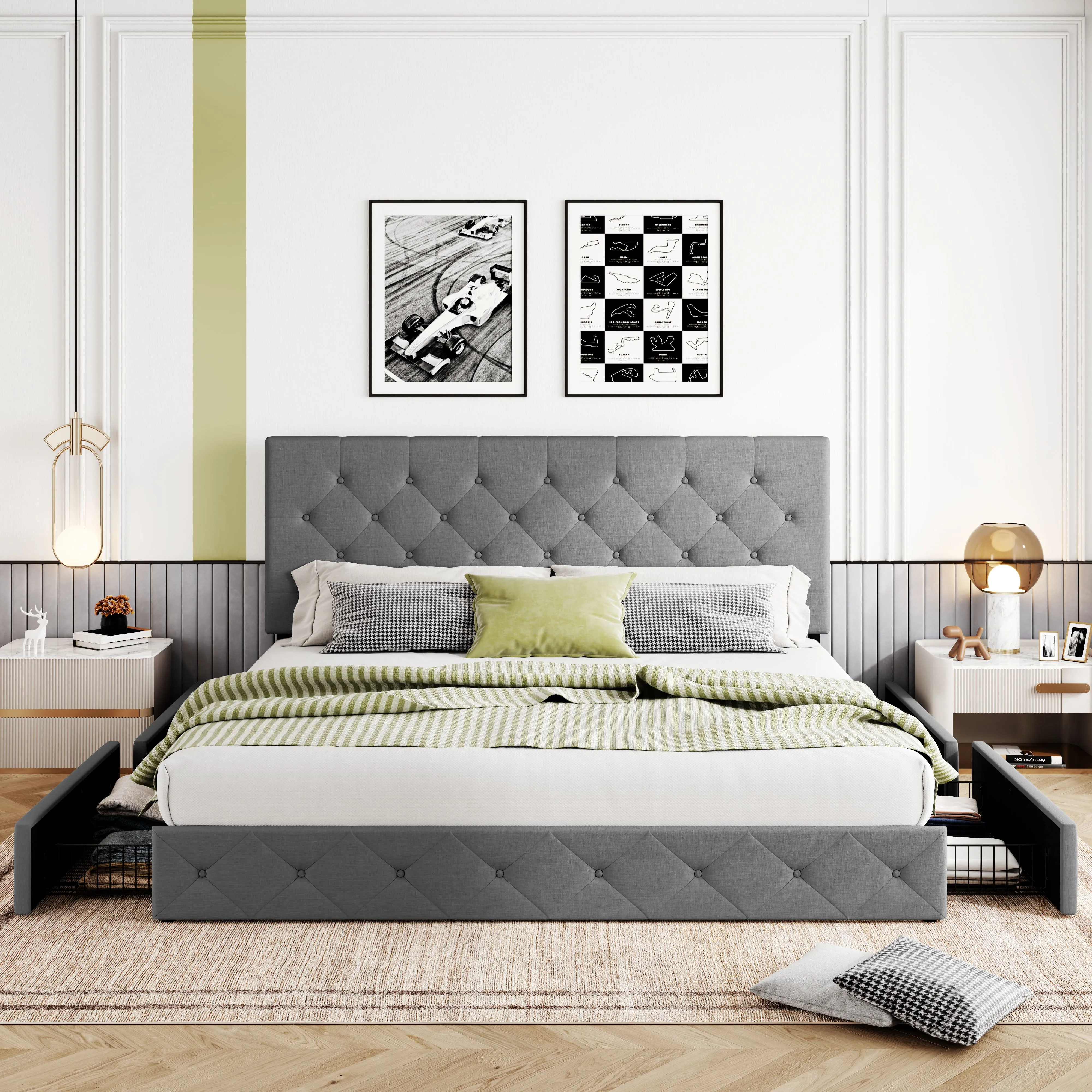 Upholstered Platform Bed Frame with 4 Storage Drawers & Adjustable Fabric Tufted Headboard, Adult