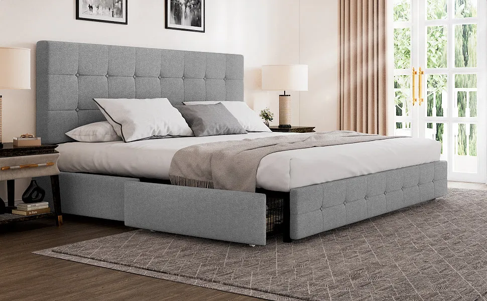 Upholstered Platform Bed Frame with 4 Storage Drawers & Adjustable Fabric Tufted Headboard, Adult