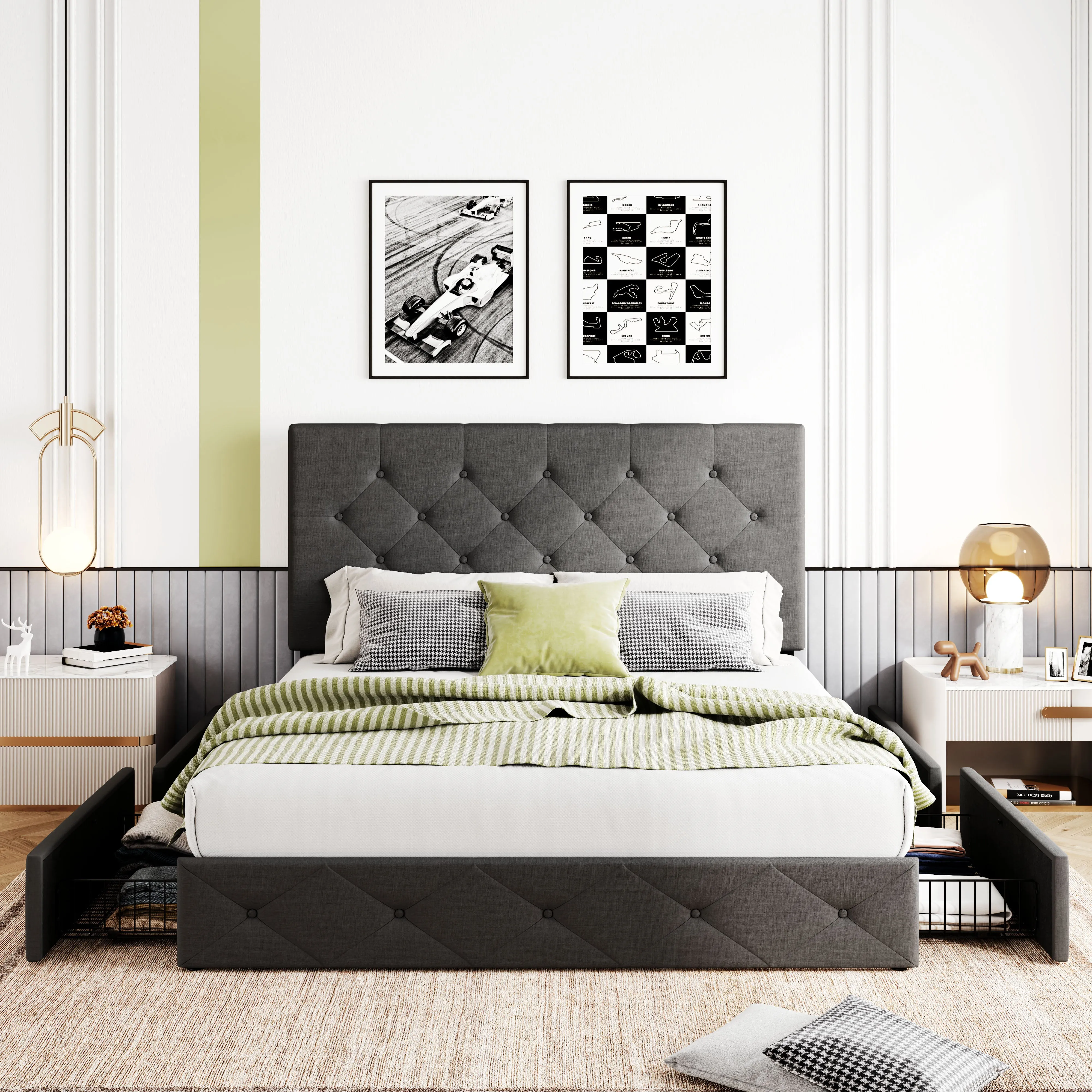 Upholstered Platform Bed Frame with 4 Storage Drawers & Adjustable Fabric Tufted Headboard, Adult