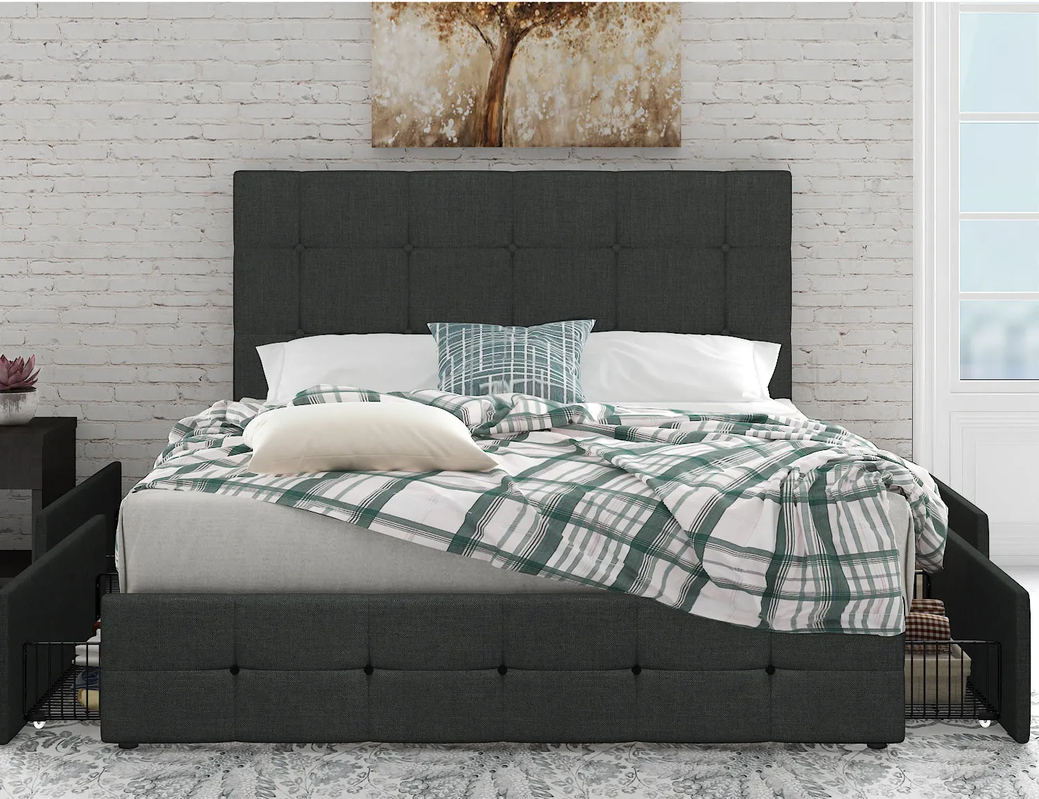 Upholstered Platform Bed Frame with 4 Storage Drawers & Adjustable Fabric Tufted Headboard, Adult