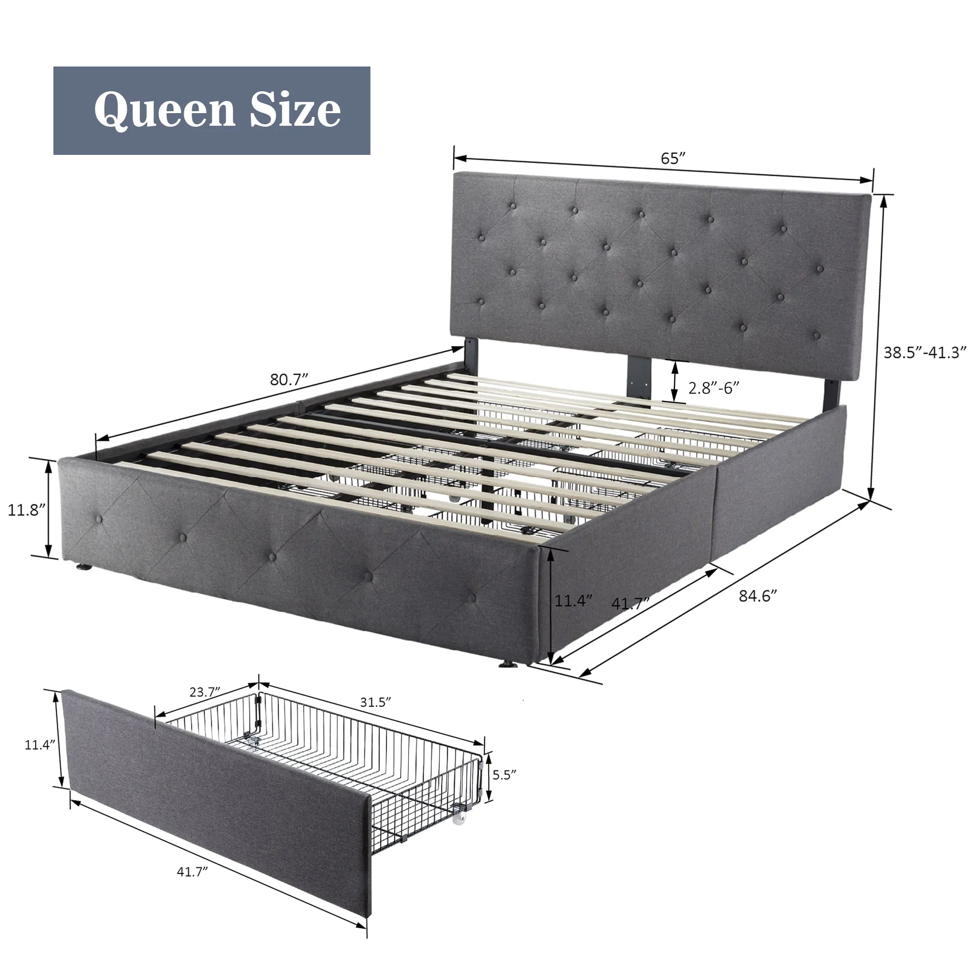 Upholstered Platform Bed Frame with 4 Storage Drawers & Adjustable Fabric Tufted Headboard, Adult