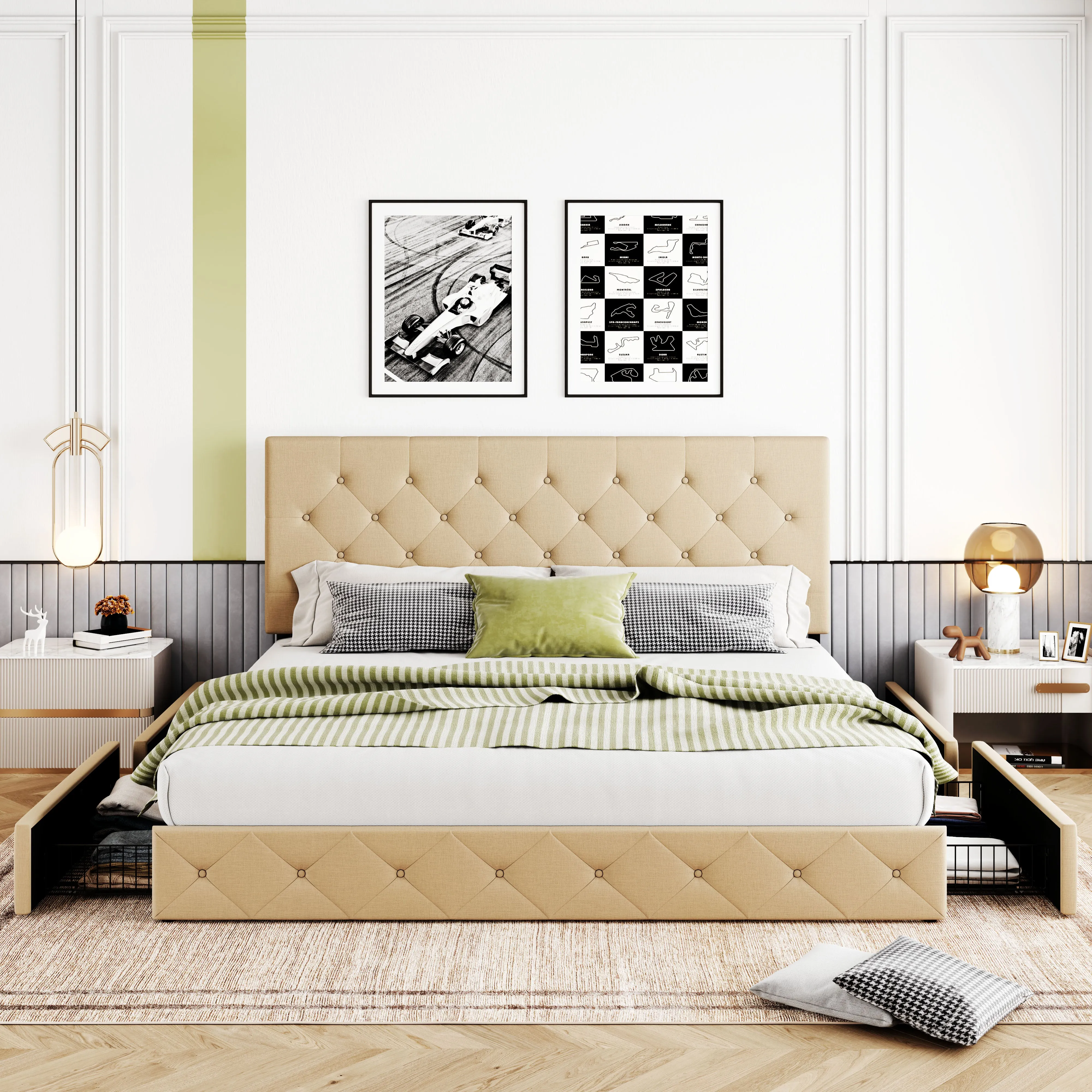 Upholstered Platform Bed Frame with 4 Storage Drawers & Adjustable Fabric Tufted Headboard, Adult