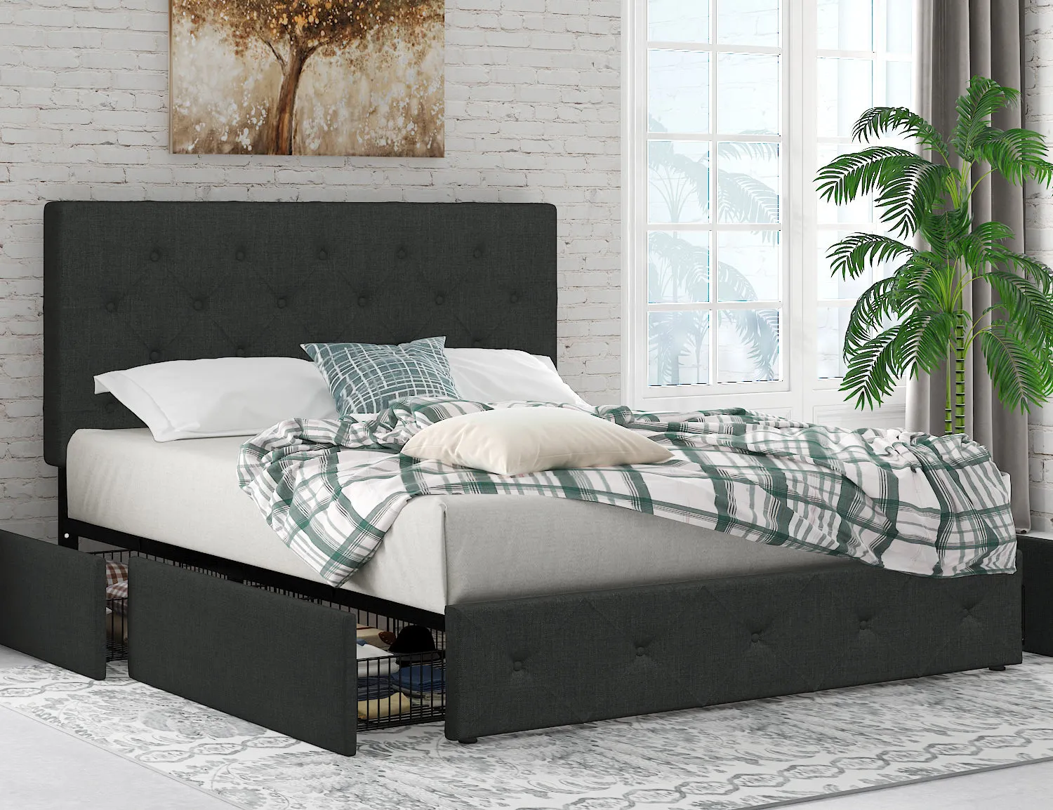 Upholstered Platform Bed Frame with 4 Storage Drawers & Adjustable Fabric Tufted Headboard, Adult