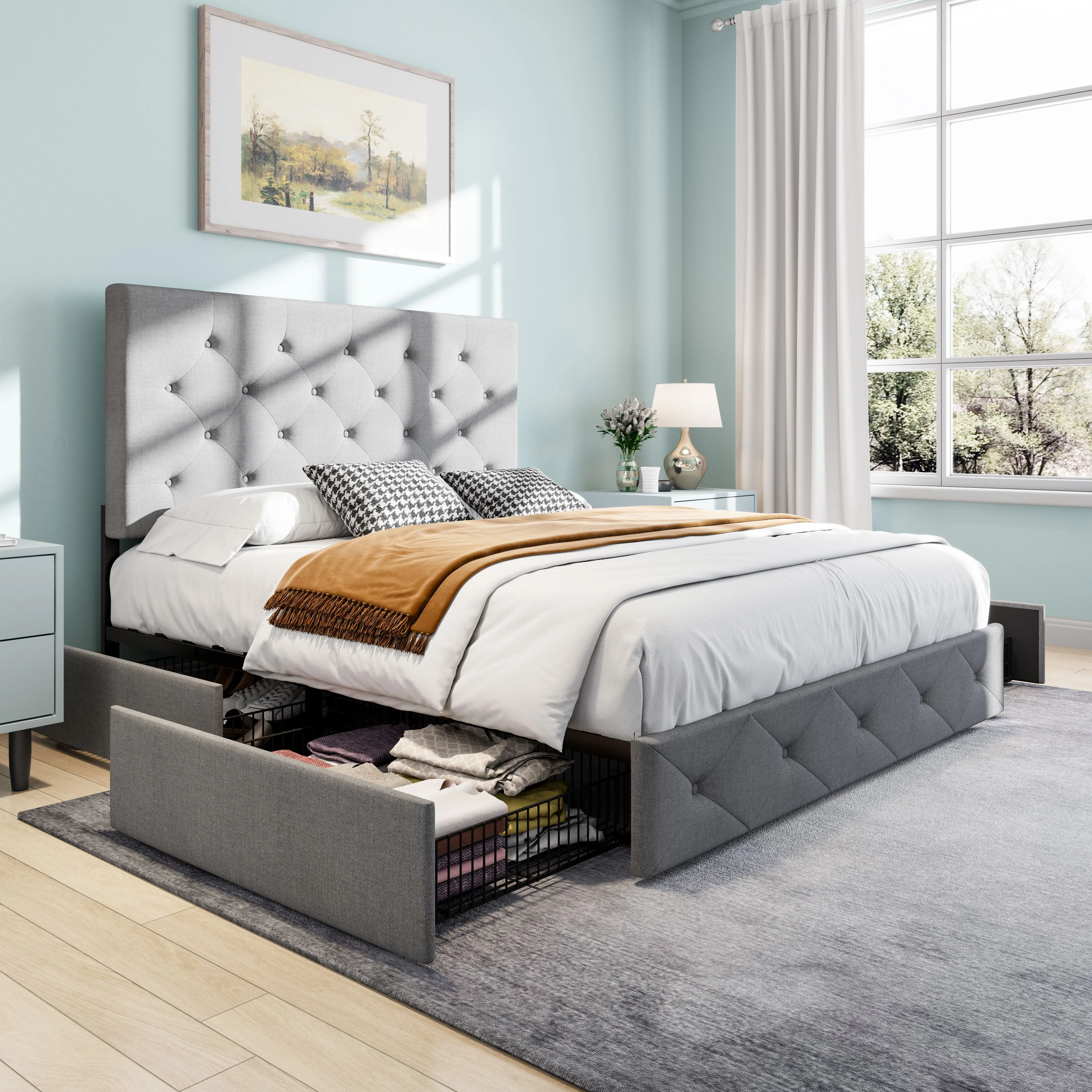 Upholstered Platform Bed Frame with 4 Storage Drawers & Adjustable Fabric Tufted Headboard, Adult