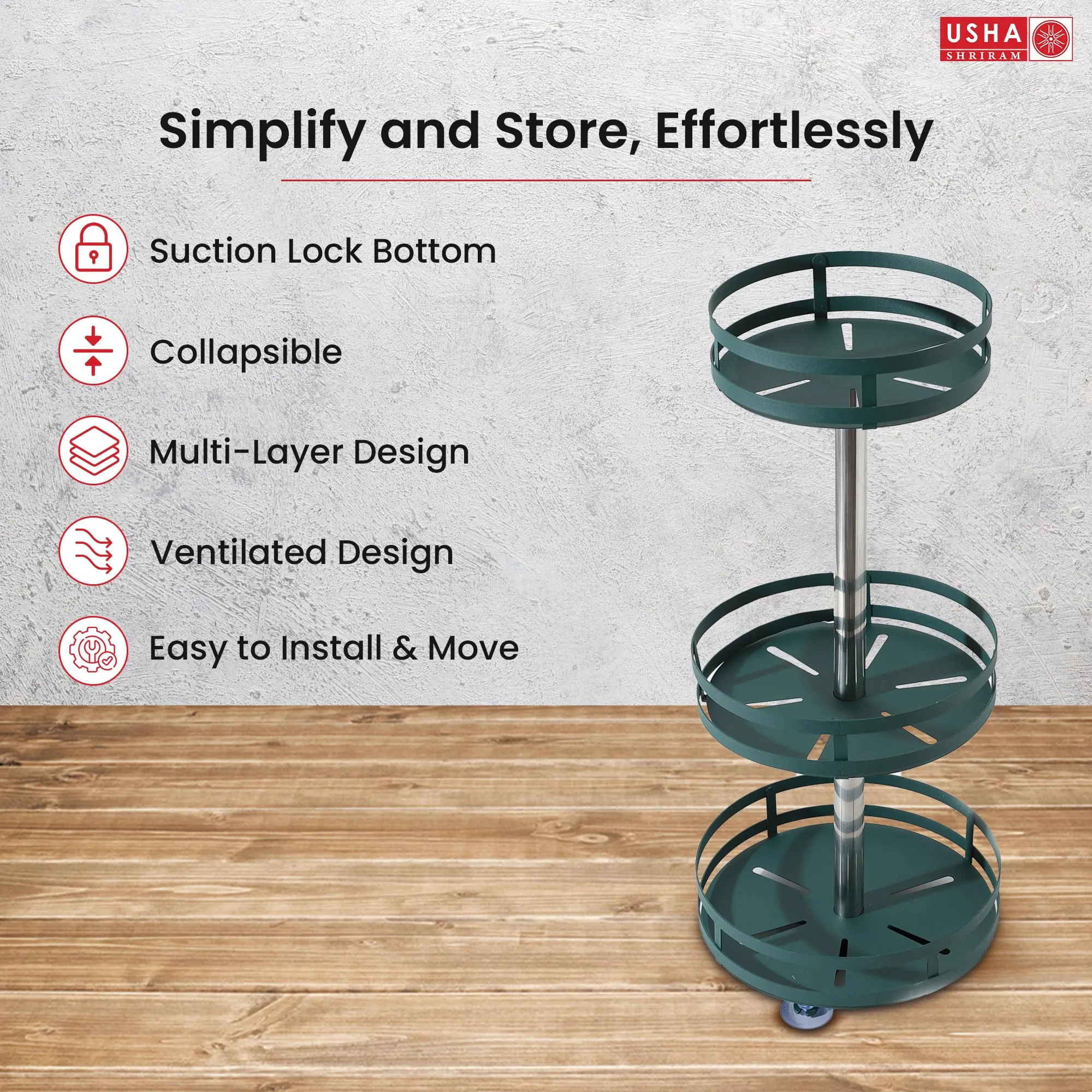 USHA SHRIRAM Carbon Steel Oil Bottle Holder For Kitchen |360 Rotation | Wine Whiskey Bottle Holder | Kitchen Organiser Space Saver | Storage Rack For Kitchen Organiser (Pack of 1, Round - 3 Layer)