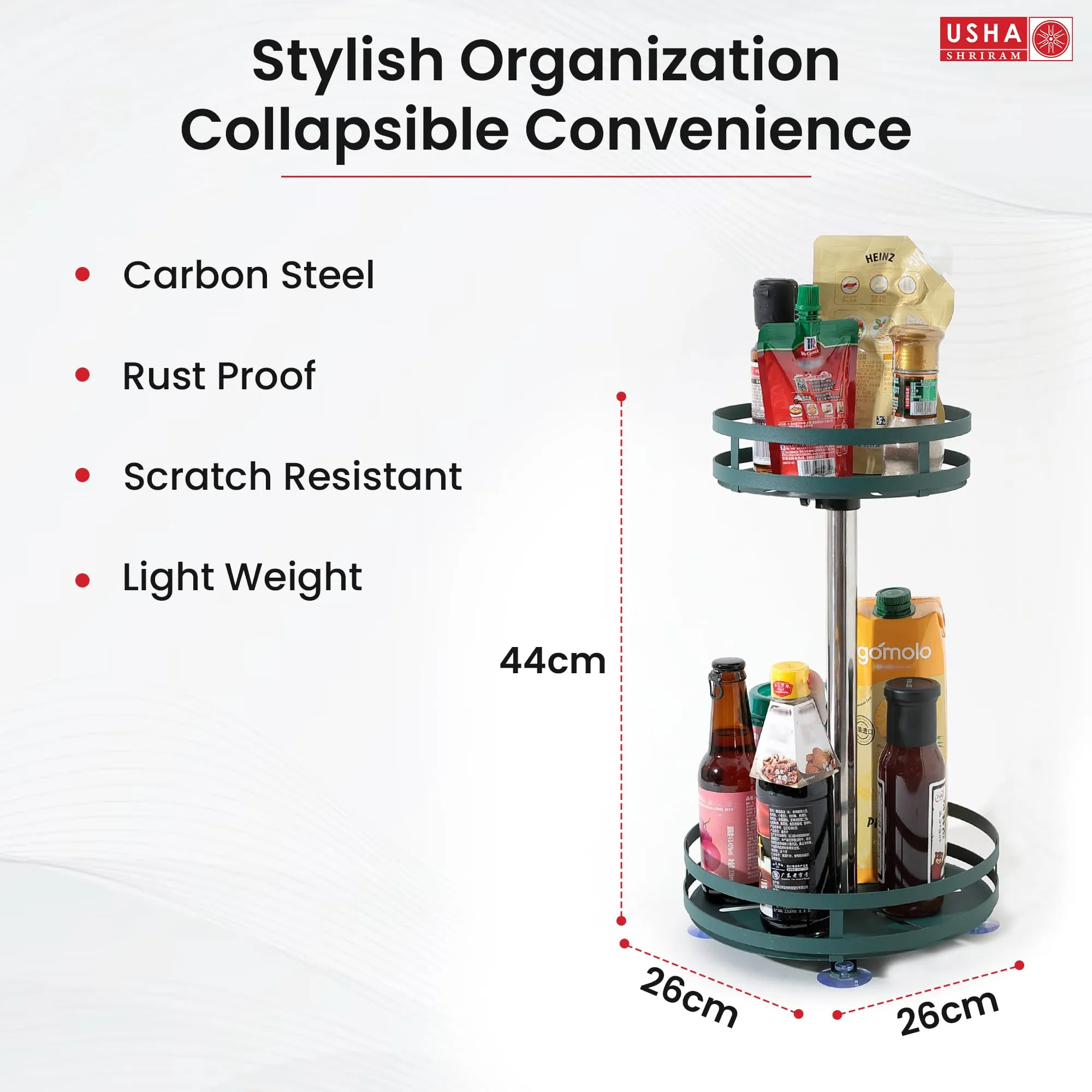 USHA SHRIRAM Carbon Steel Oil Bottle Holder For Kitchen |360 Rotation | Wine Whiskey Bottle Holder | Kitchen Organiser Space Saver | Storage Rack For Kitchen Organiser (Pack of 3, Round - 2 Layer)