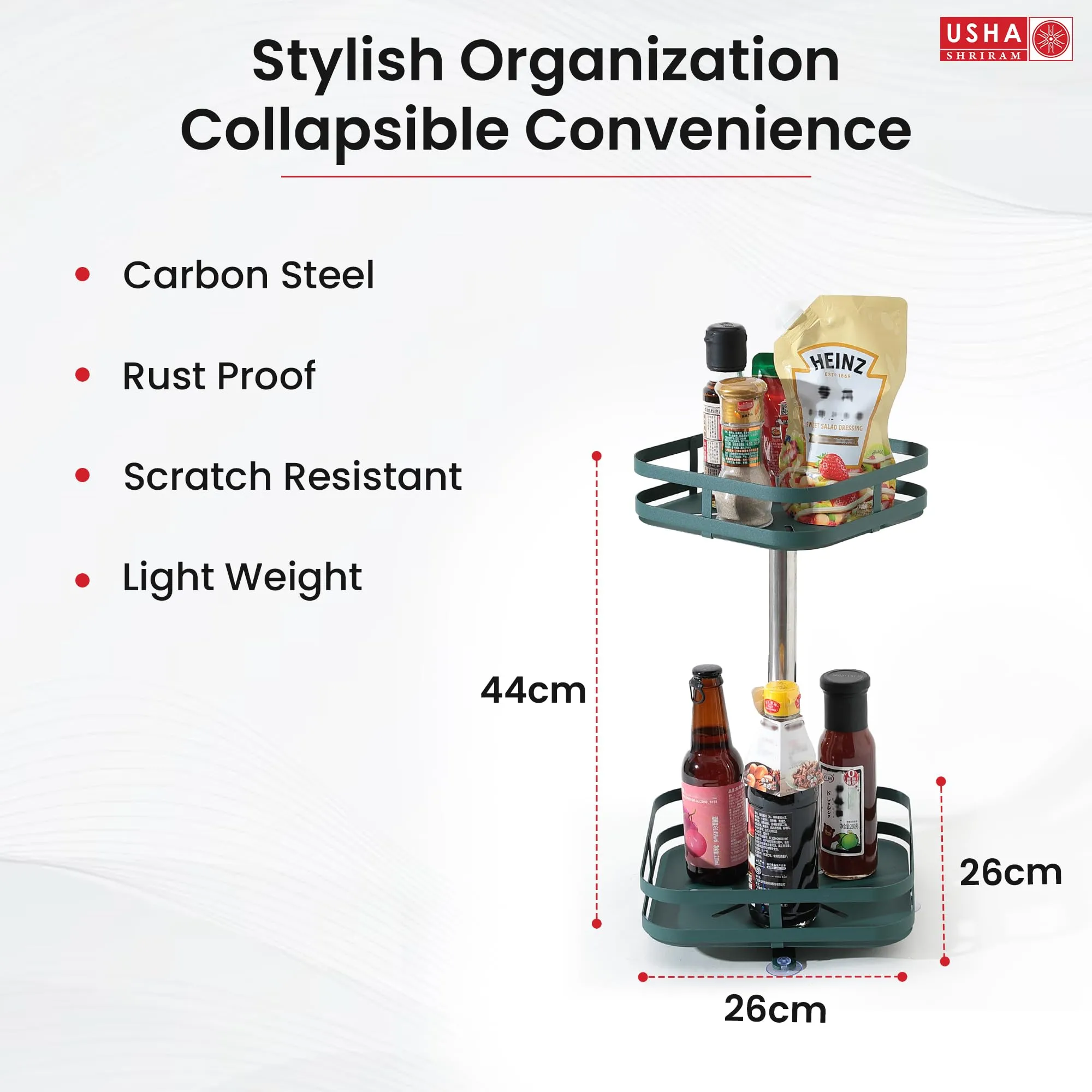 USHA SHRIRAM Carbon Steel Oil Bottle Holder For Kitchen |360 Rotation | Wine Whiskey Bottle Holder | Kitchen Organiser Space Saver | Storage Rack For Kitchen Organiser (Pack of 5, Square - 2 Layer)