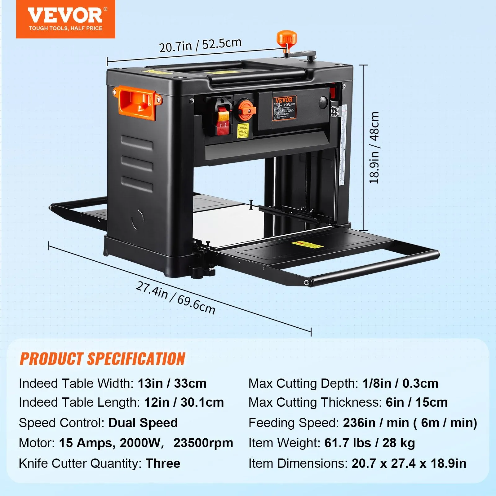 Vevor Thickness Planer 13" Benchtop Worktable 15-Amp 2000W 3-Blade 23500 RPM Dual-Speed New